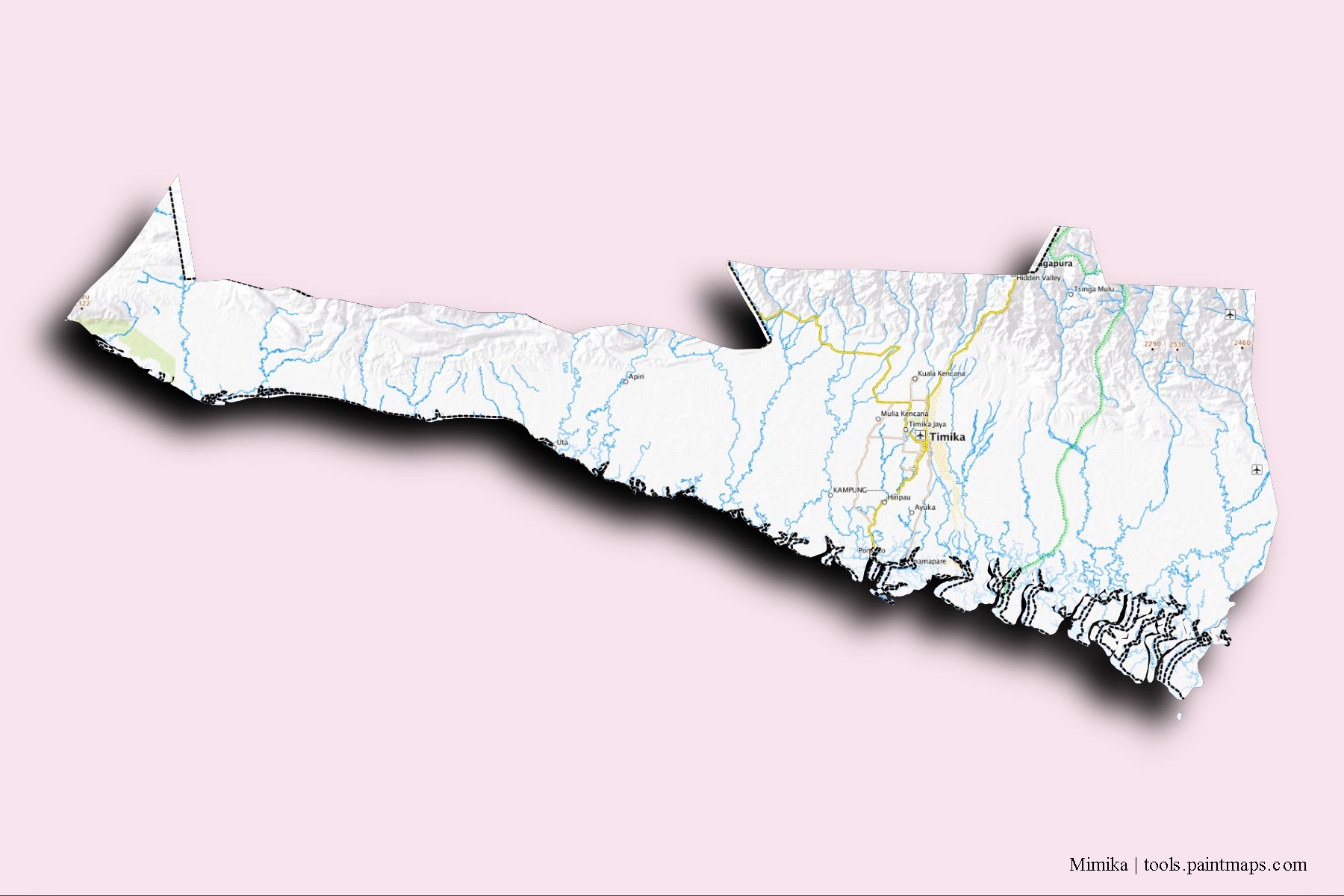 Mimika neighborhoods and villages map with 3D shadow effect