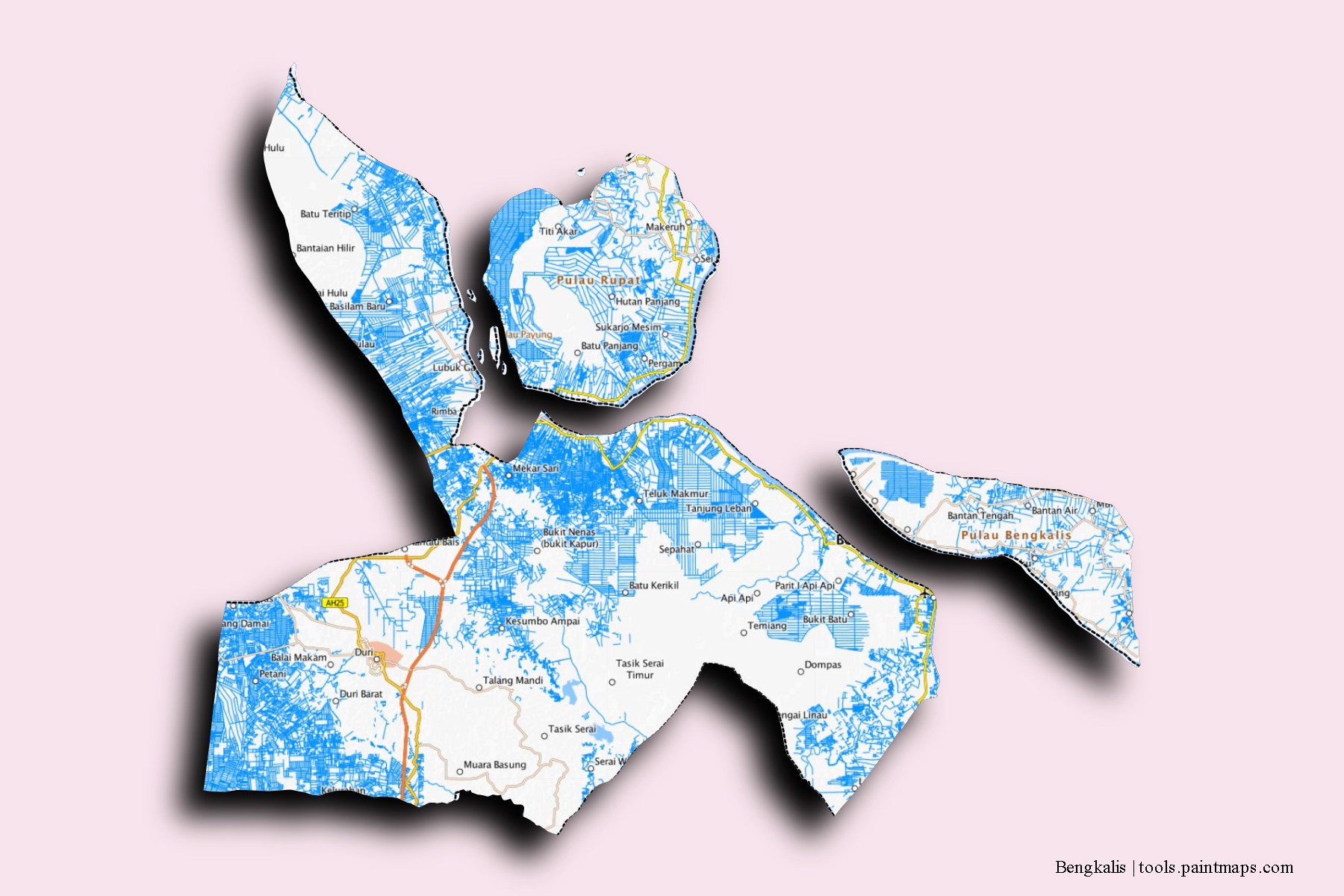3D gölge efektli Bengkalis mahalleleri ve köyleri haritası
