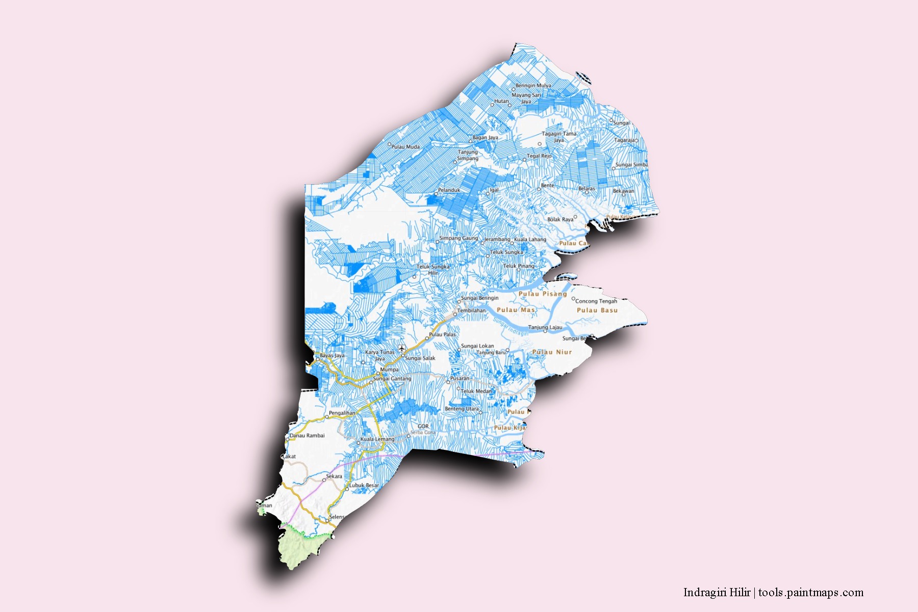 Indragiri Hilir neighborhoods and villages map with 3D shadow effect
