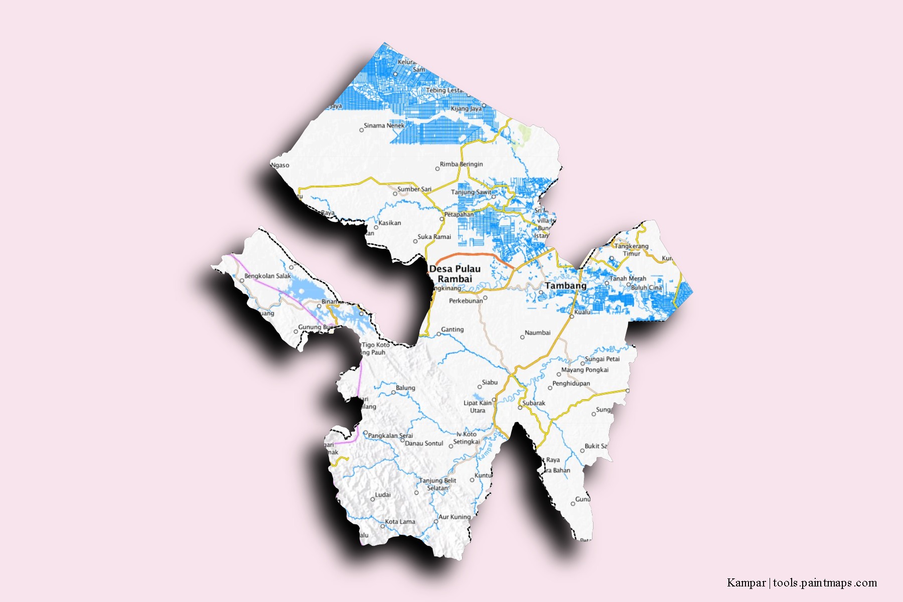 Kampar neighborhoods and villages map with 3D shadow effect