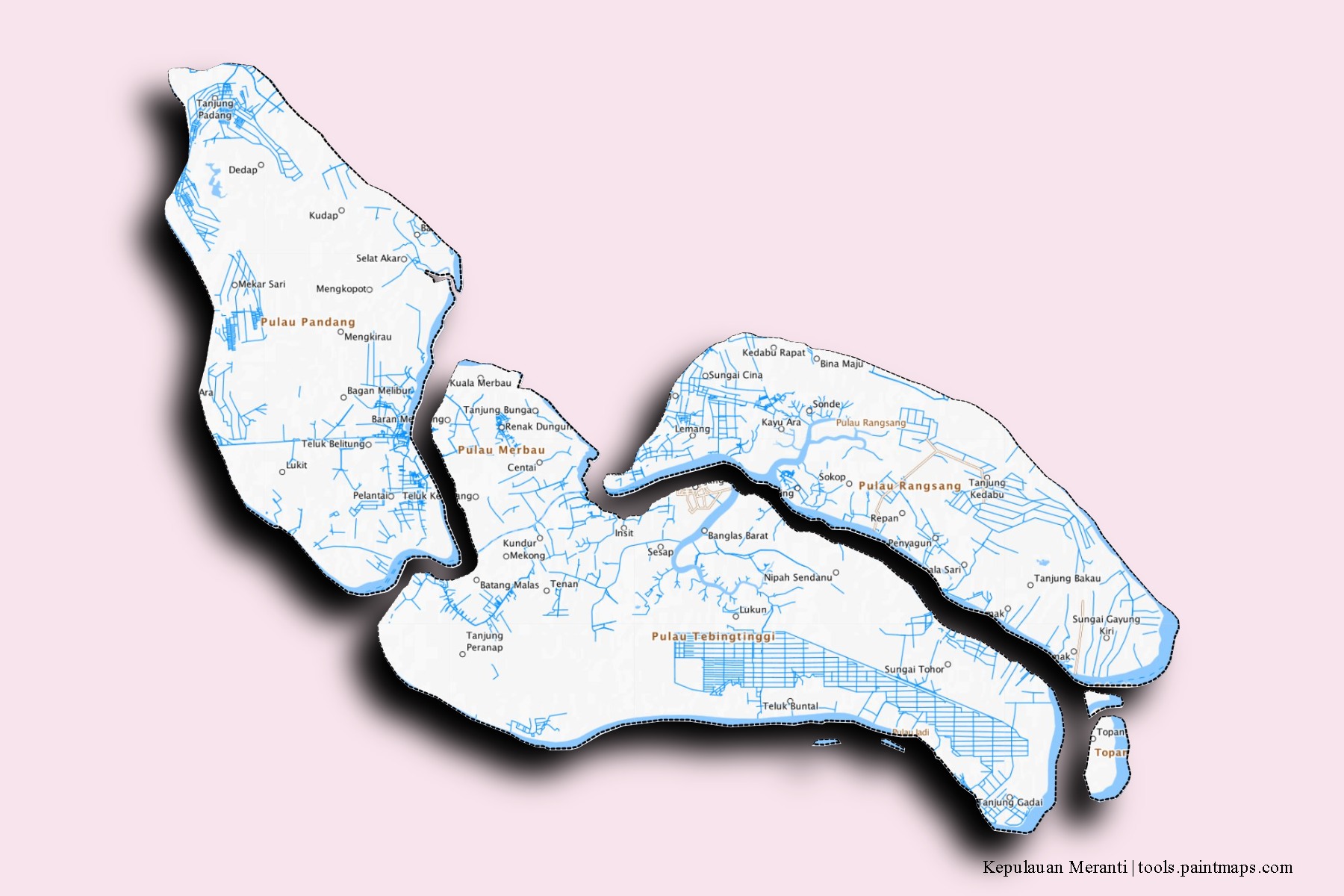 Mapa de barrios y pueblos de Kepulauan Meranti con efecto de sombra 3D