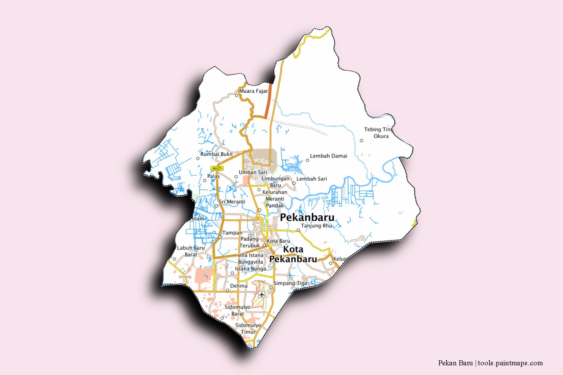 Mapa de barrios y pueblos de Pekan Baru con efecto de sombra 3D