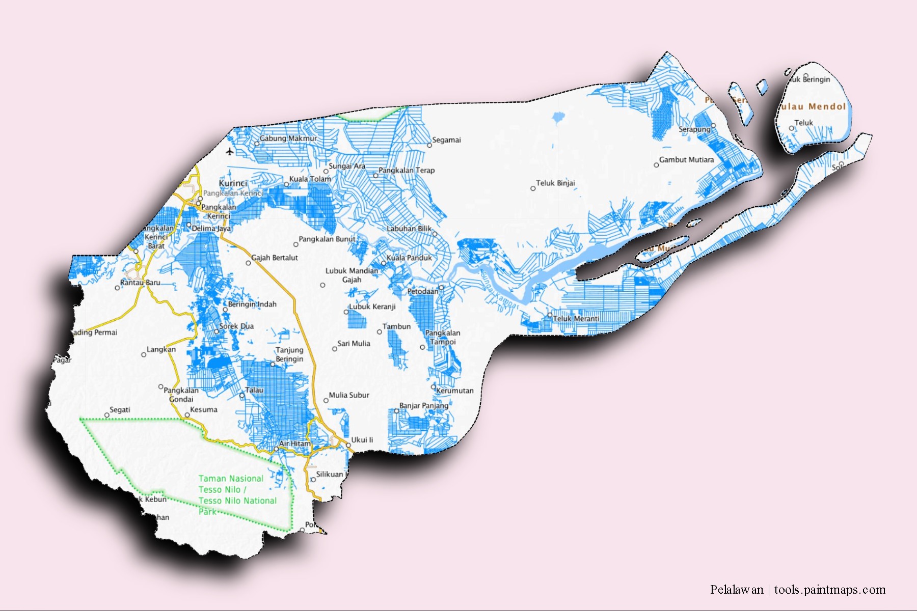 3D gölge efektli Pelalawan mahalleleri ve köyleri haritası