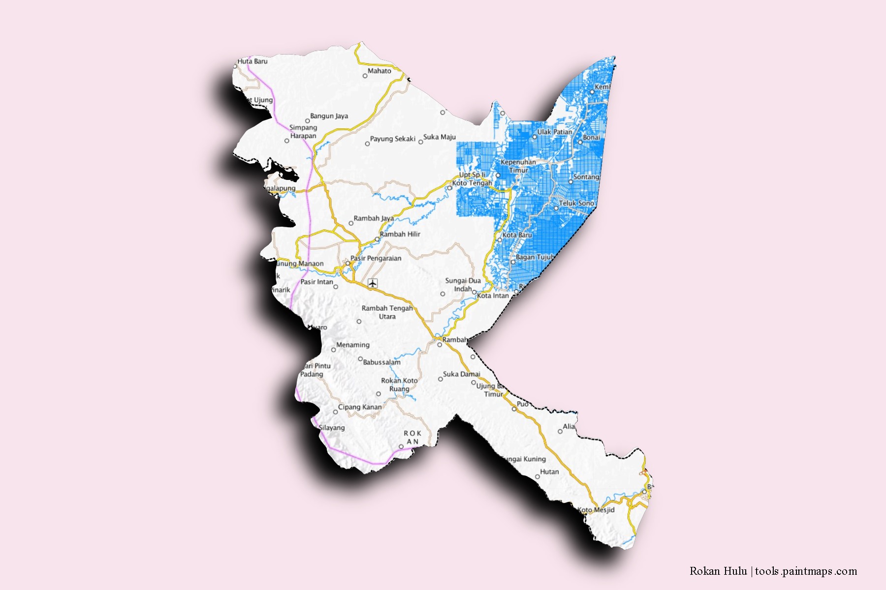 Mapa de barrios y pueblos de Rokan Hulu con efecto de sombra 3D