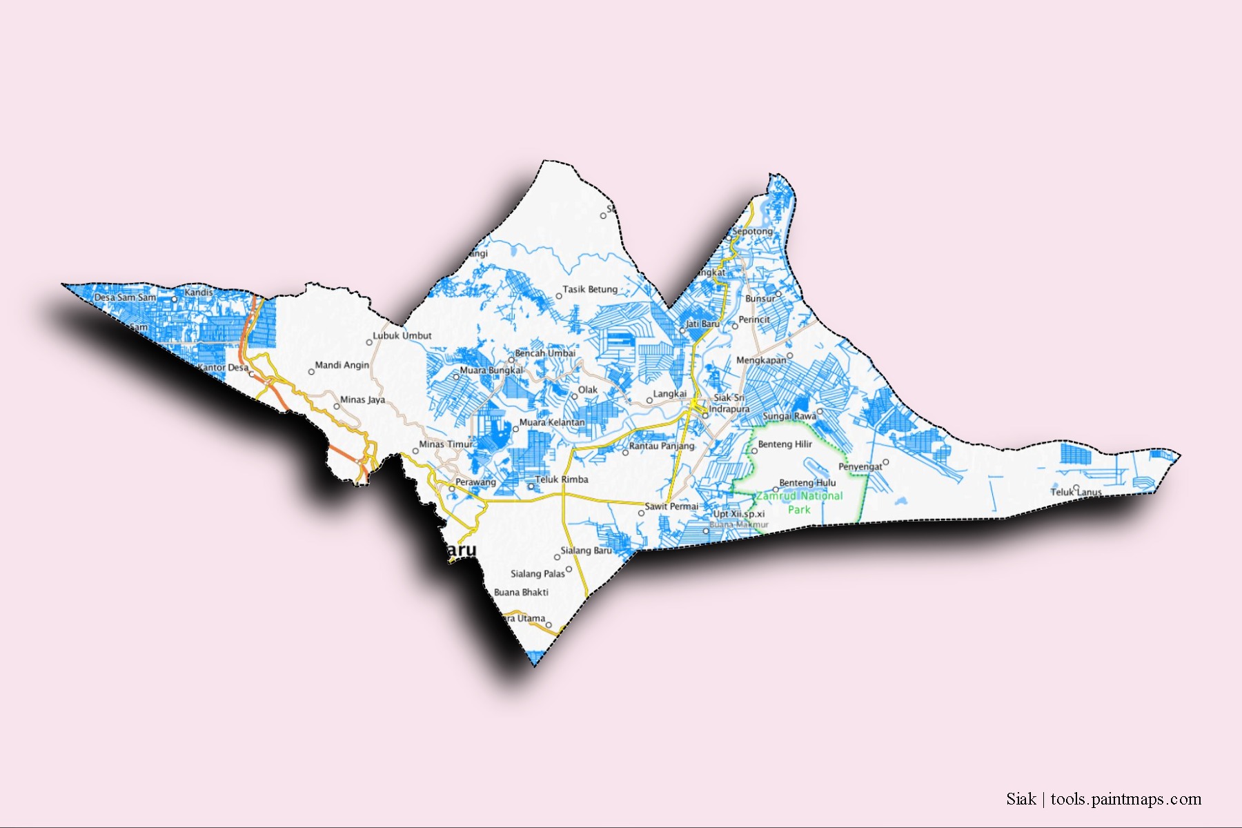 Mapa de barrios y pueblos de Siak con efecto de sombra 3D