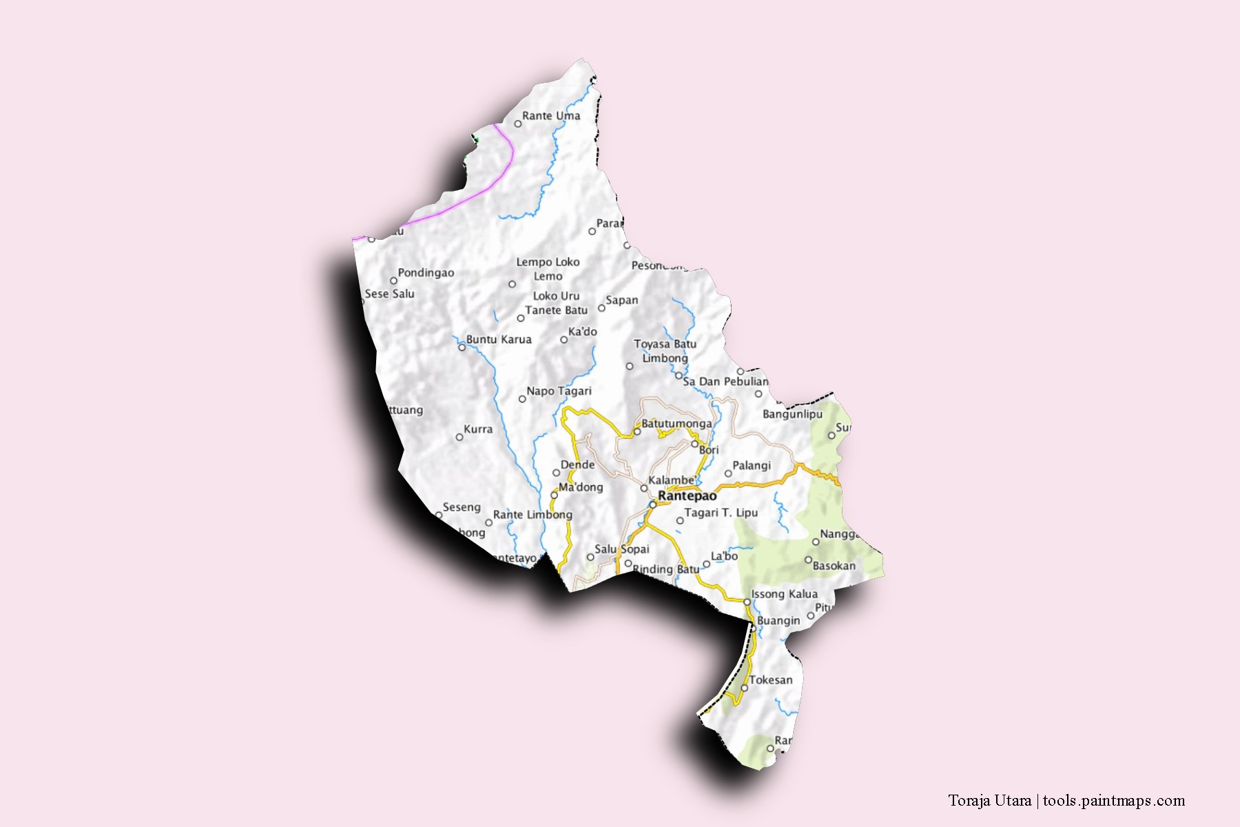 Toraja Utara neighborhoods and villages map with 3D shadow effect