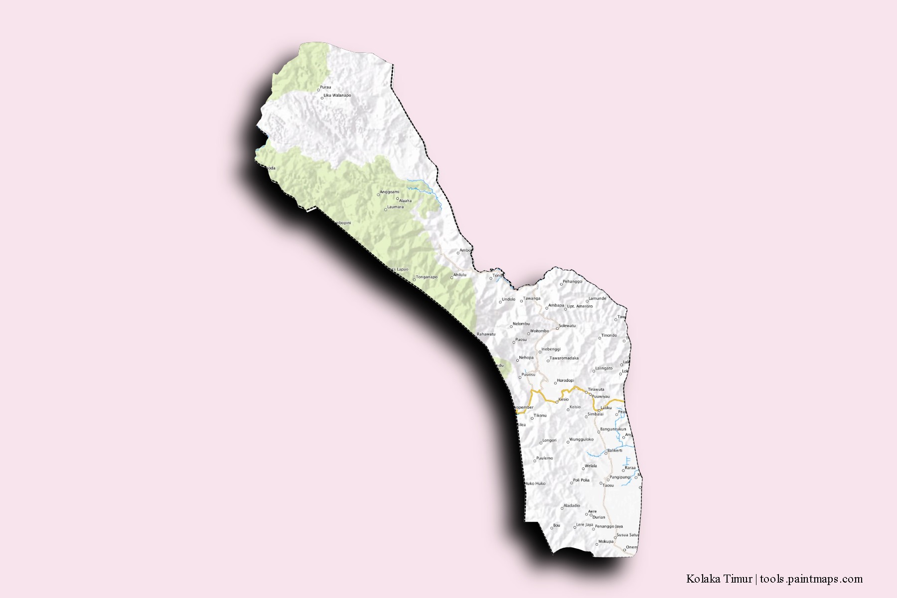 Mapa de barrios y pueblos de Kolaka Timur con efecto de sombra 3D