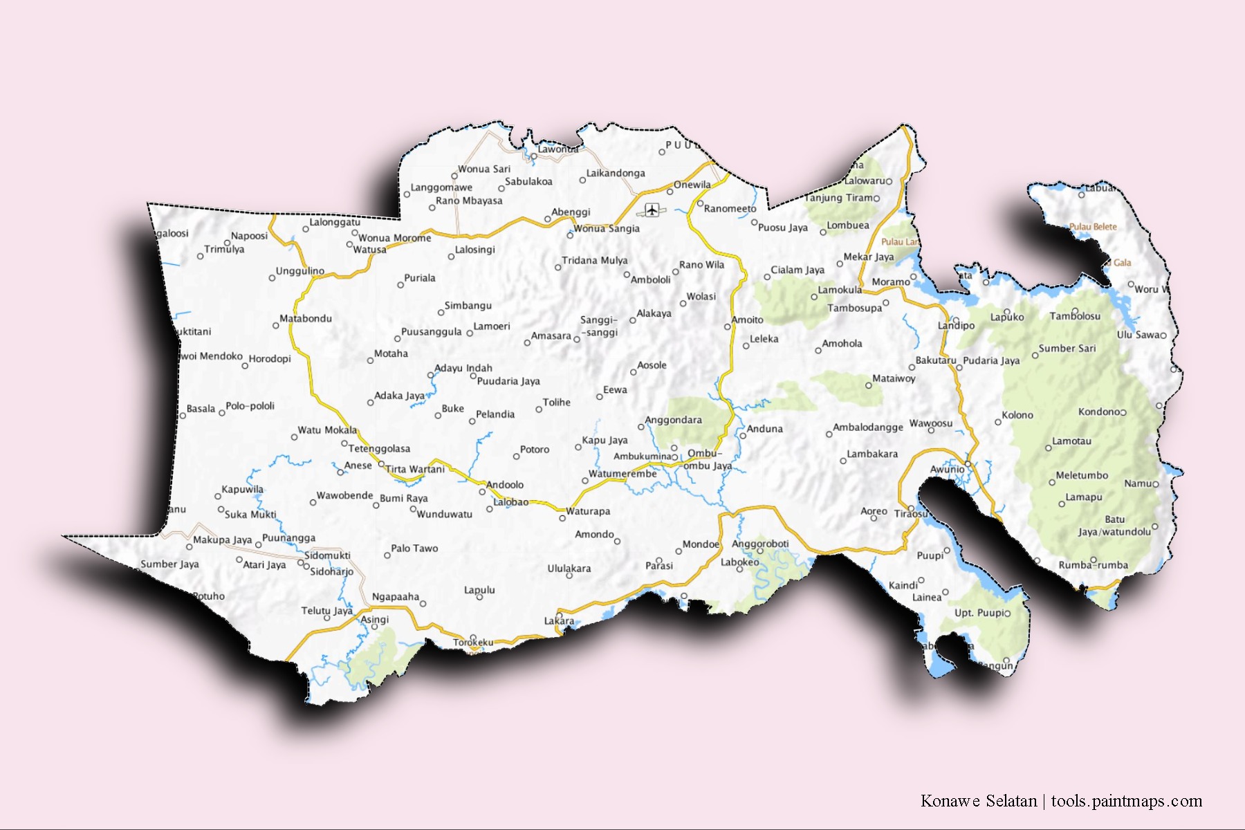 Konawe Selatan neighborhoods and villages map with 3D shadow effect