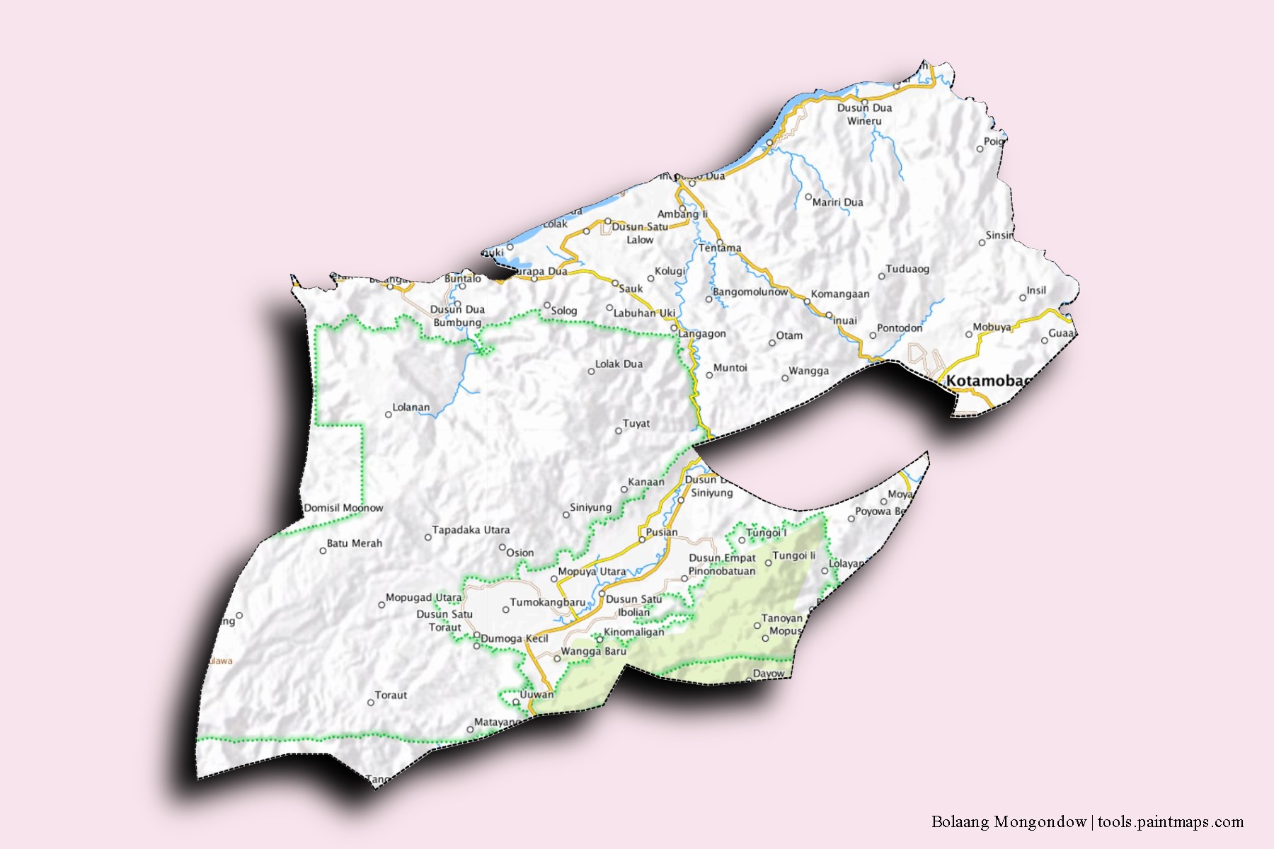 Mapa de barrios y pueblos de Bolaang Mongondow con efecto de sombra 3D