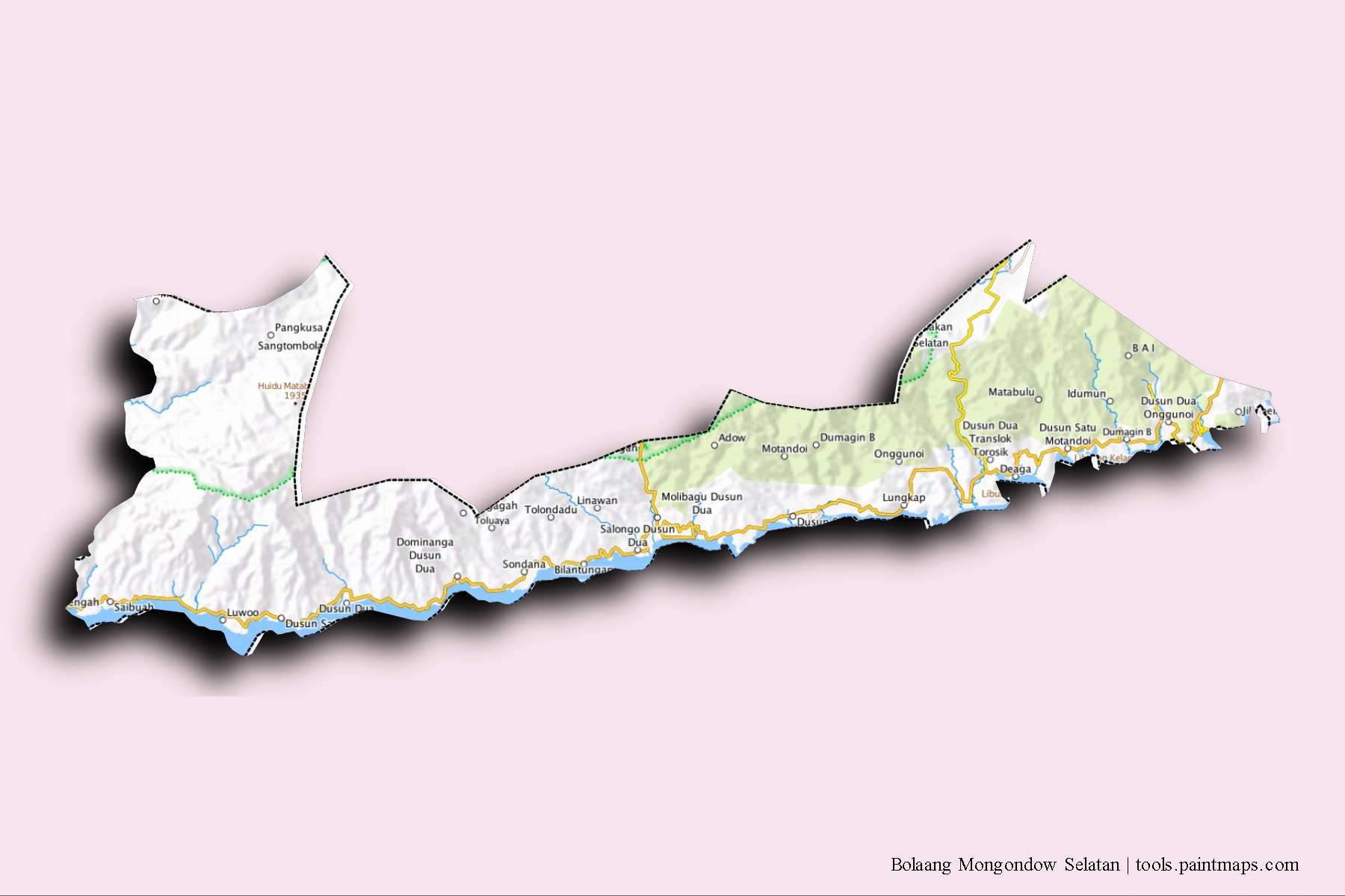 Bolaang Mongondow Selatan neighborhoods and villages map with 3D shadow effect