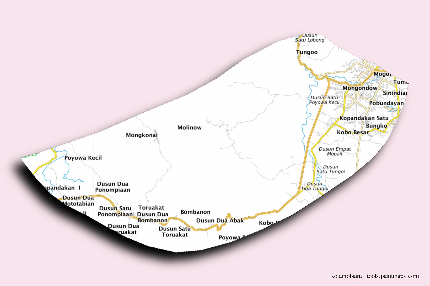 Mapa de barrios y pueblos de Kotamobagu con efecto de sombra 3D