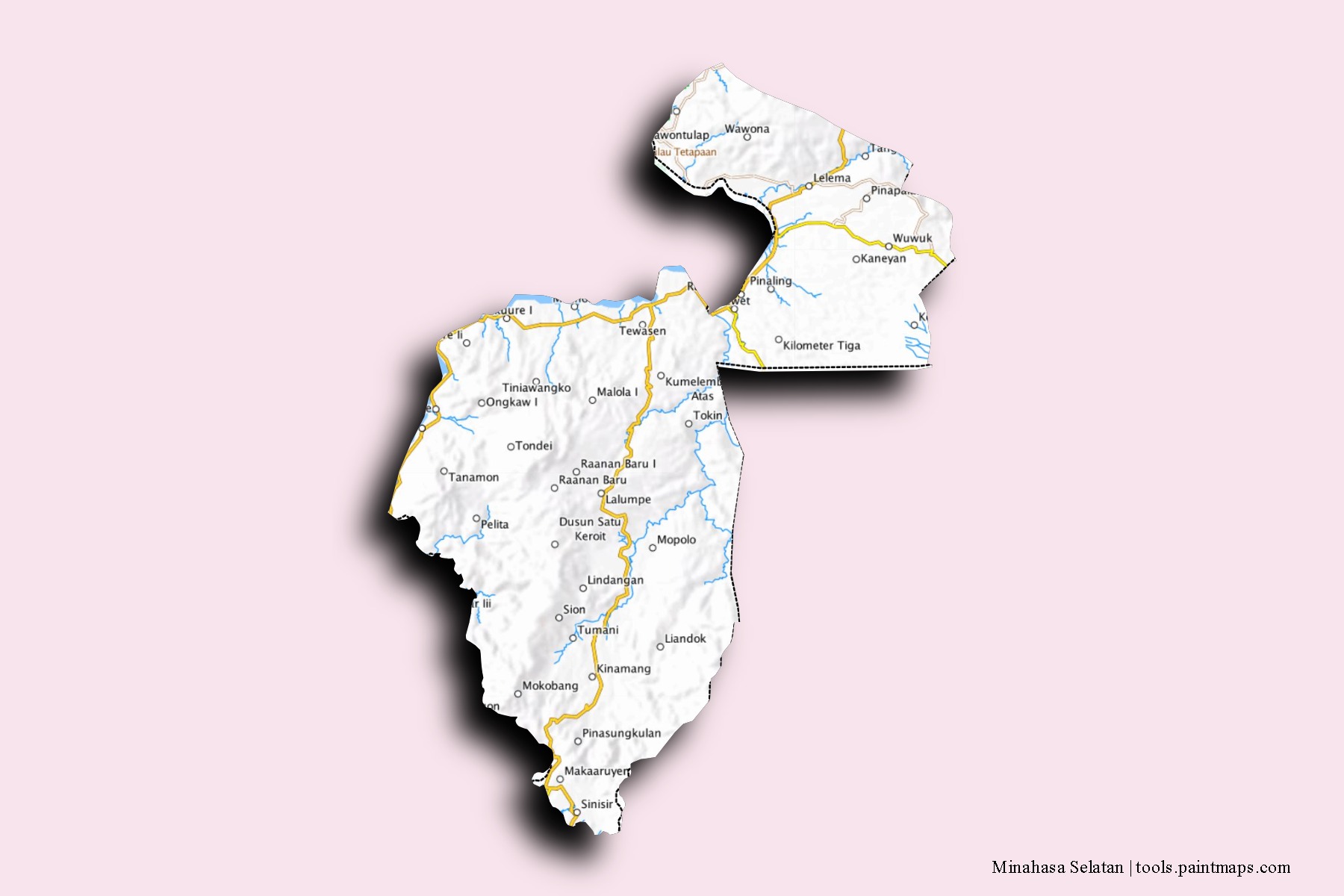 Mapa de barrios y pueblos de Minahasa Selatan con efecto de sombra 3D