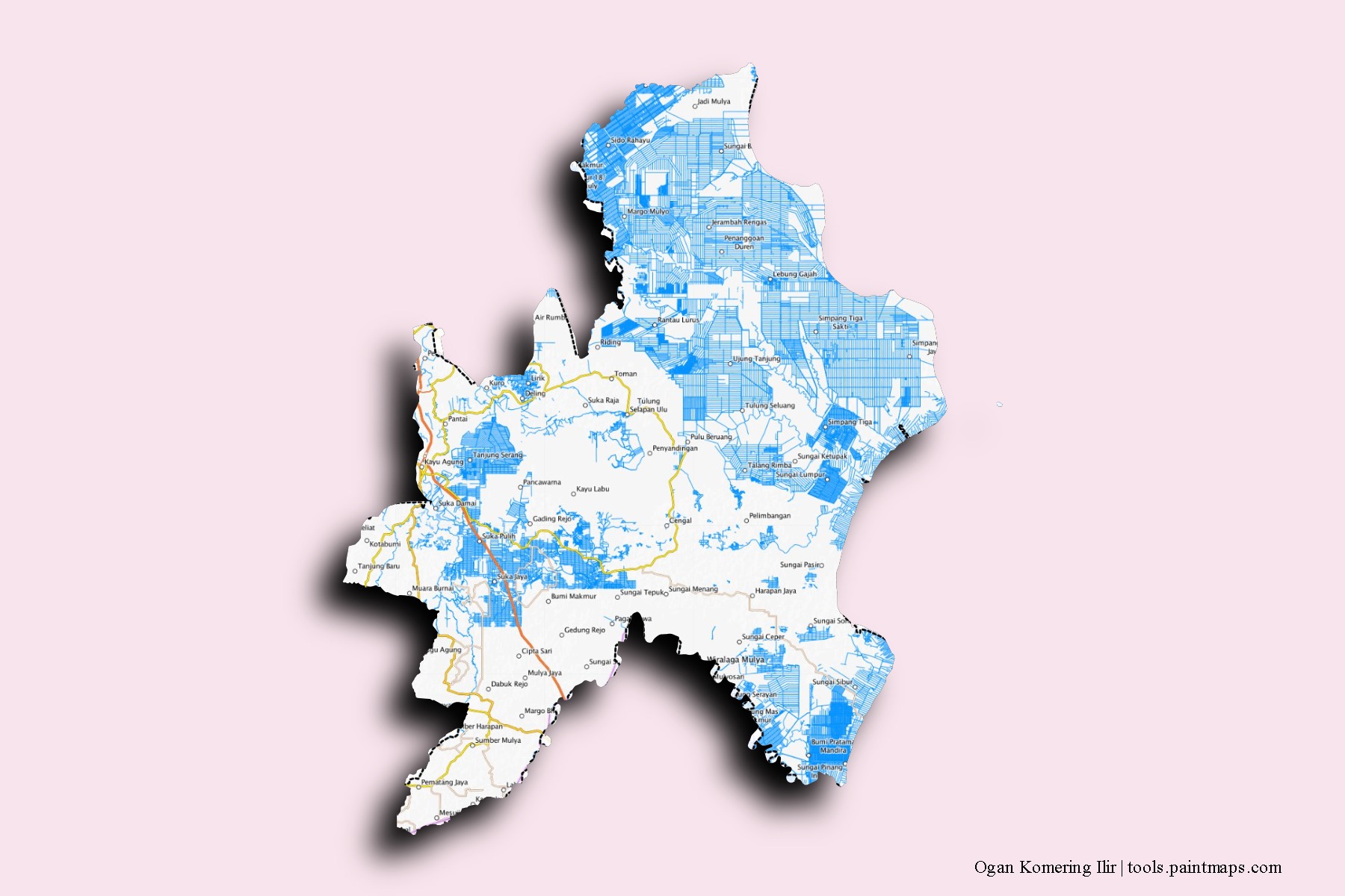 Mapa de barrios y pueblos de Ogan Komering Ilir con efecto de sombra 3D