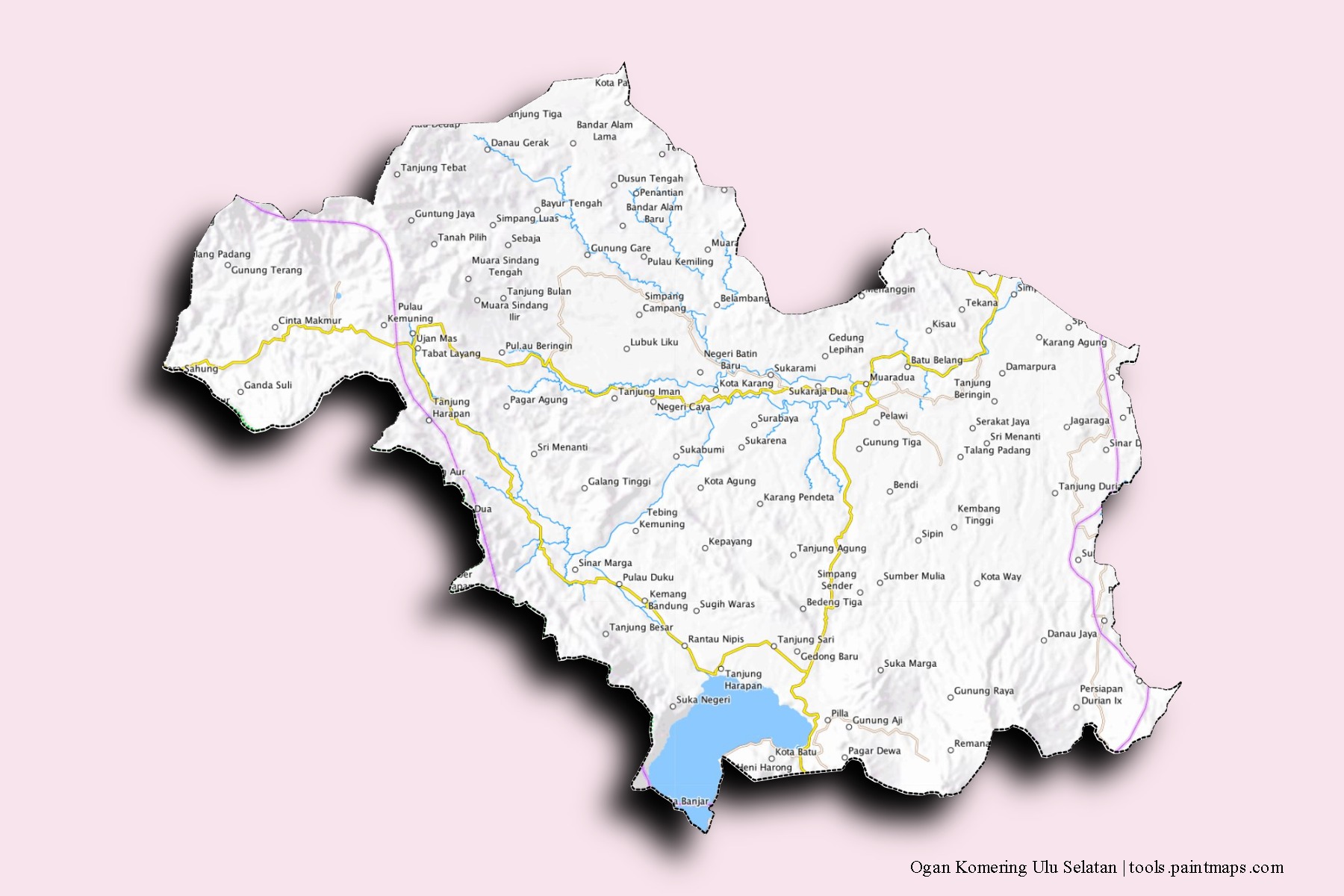 Mapa de barrios y pueblos de Ogan Komering Ulu Selatan con efecto de sombra 3D