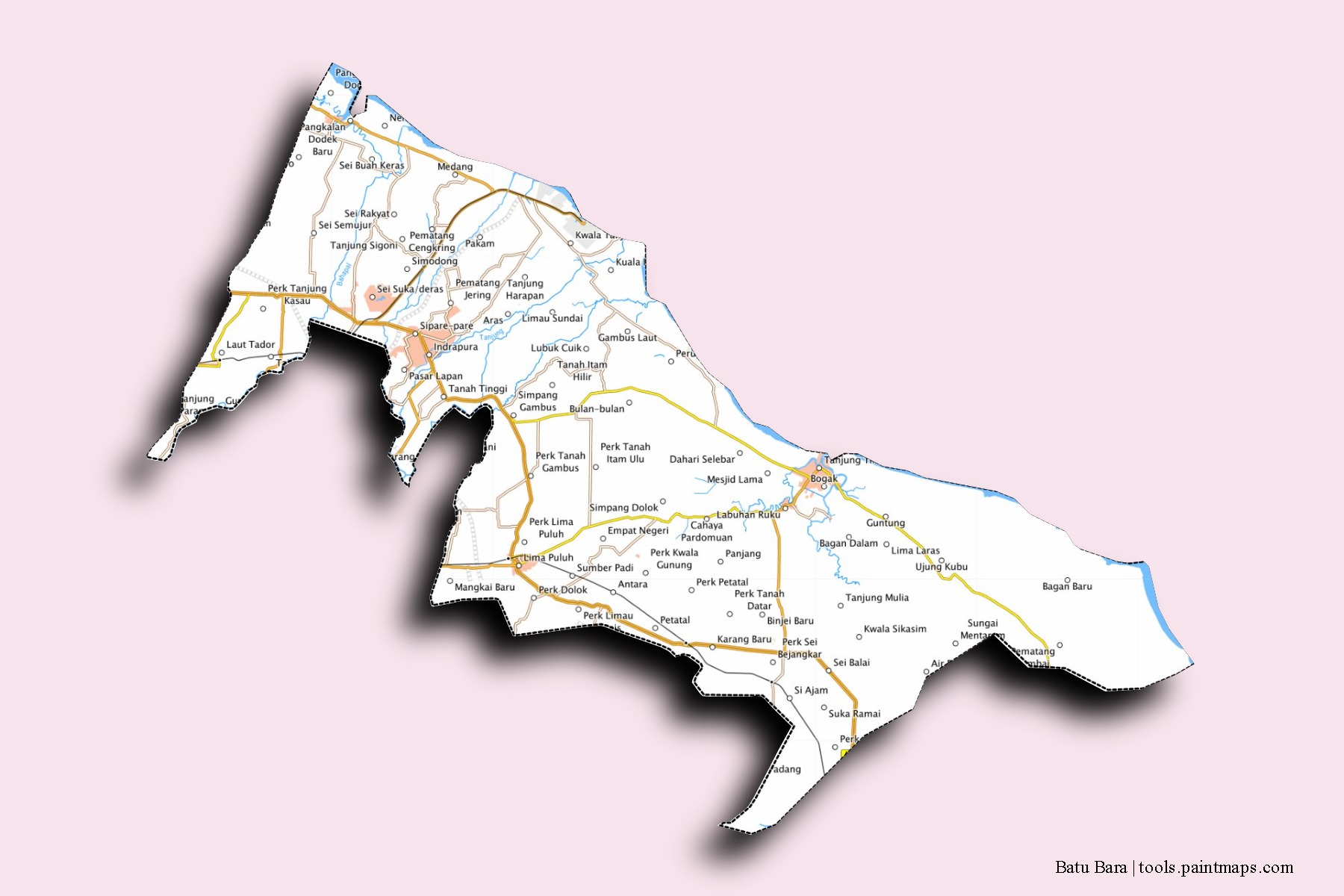 Mapa de barrios y pueblos de Batu Bara con efecto de sombra 3D