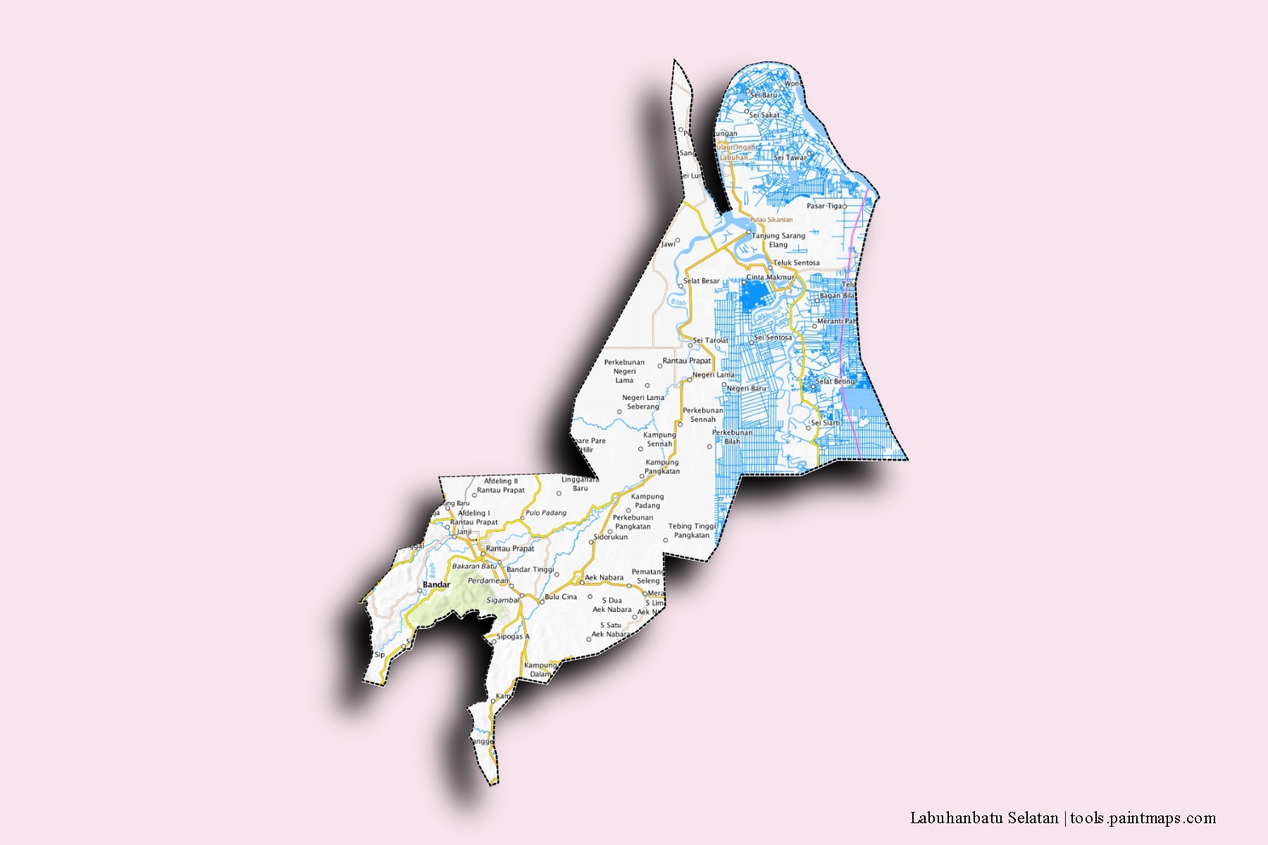 Mapa de barrios y pueblos de Labuhanbatu Selatan con efecto de sombra 3D