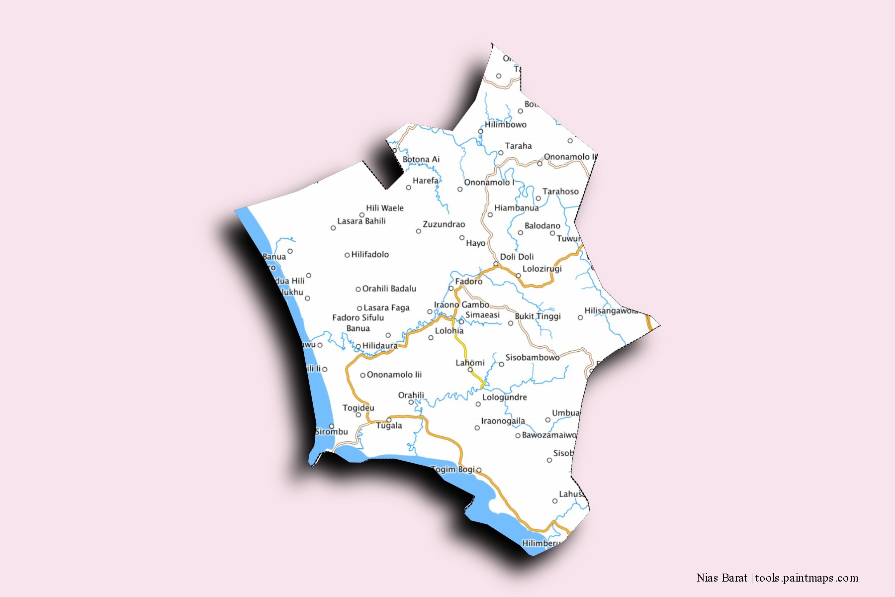 Mapa de barrios y pueblos de Nias Barat con efecto de sombra 3D