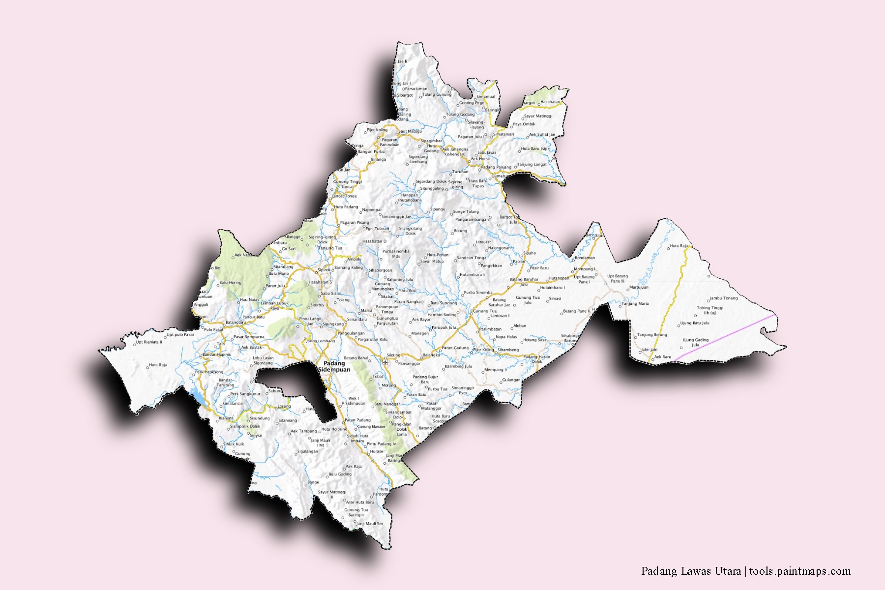 3D gölge efektli Padang Lawas Utara mahalleleri ve köyleri haritası