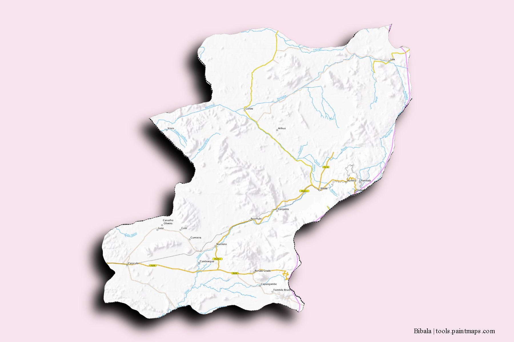 Mapa de barrios y pueblos de Bibala con efecto de sombra 3D