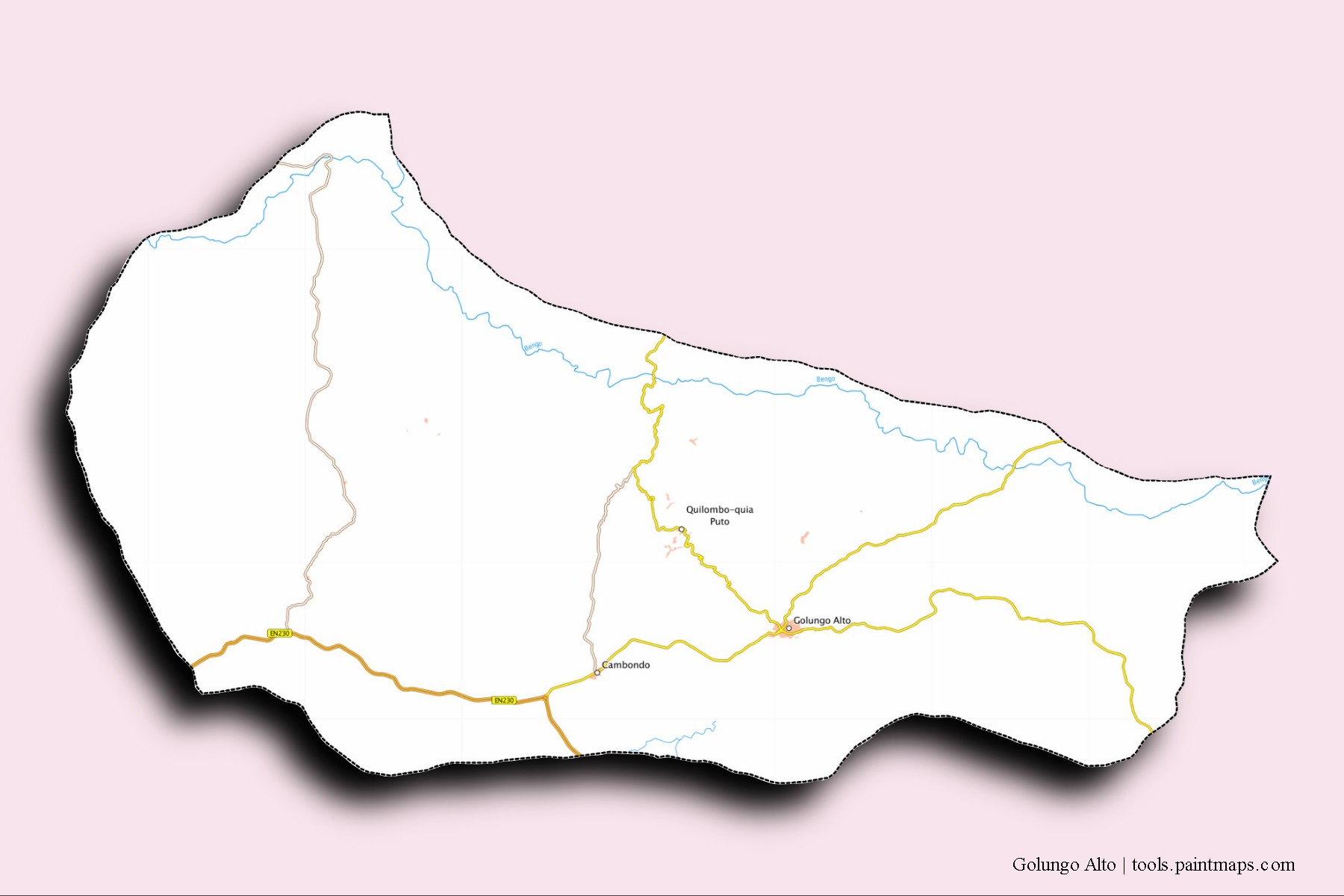 3D gölge efektli Golungo Alto mahalleleri ve köyleri haritası