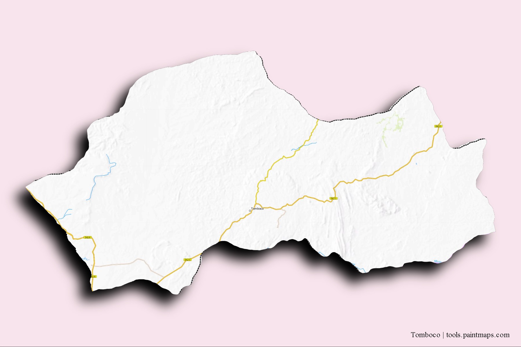 Mapa de barrios y pueblos de Tomboco con efecto de sombra 3D