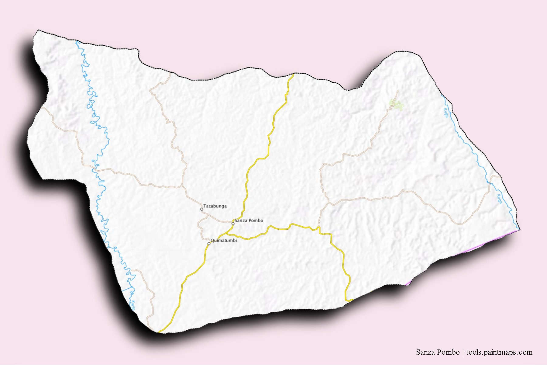 Mapa de barrios y pueblos de Sanza Pombo con efecto de sombra 3D