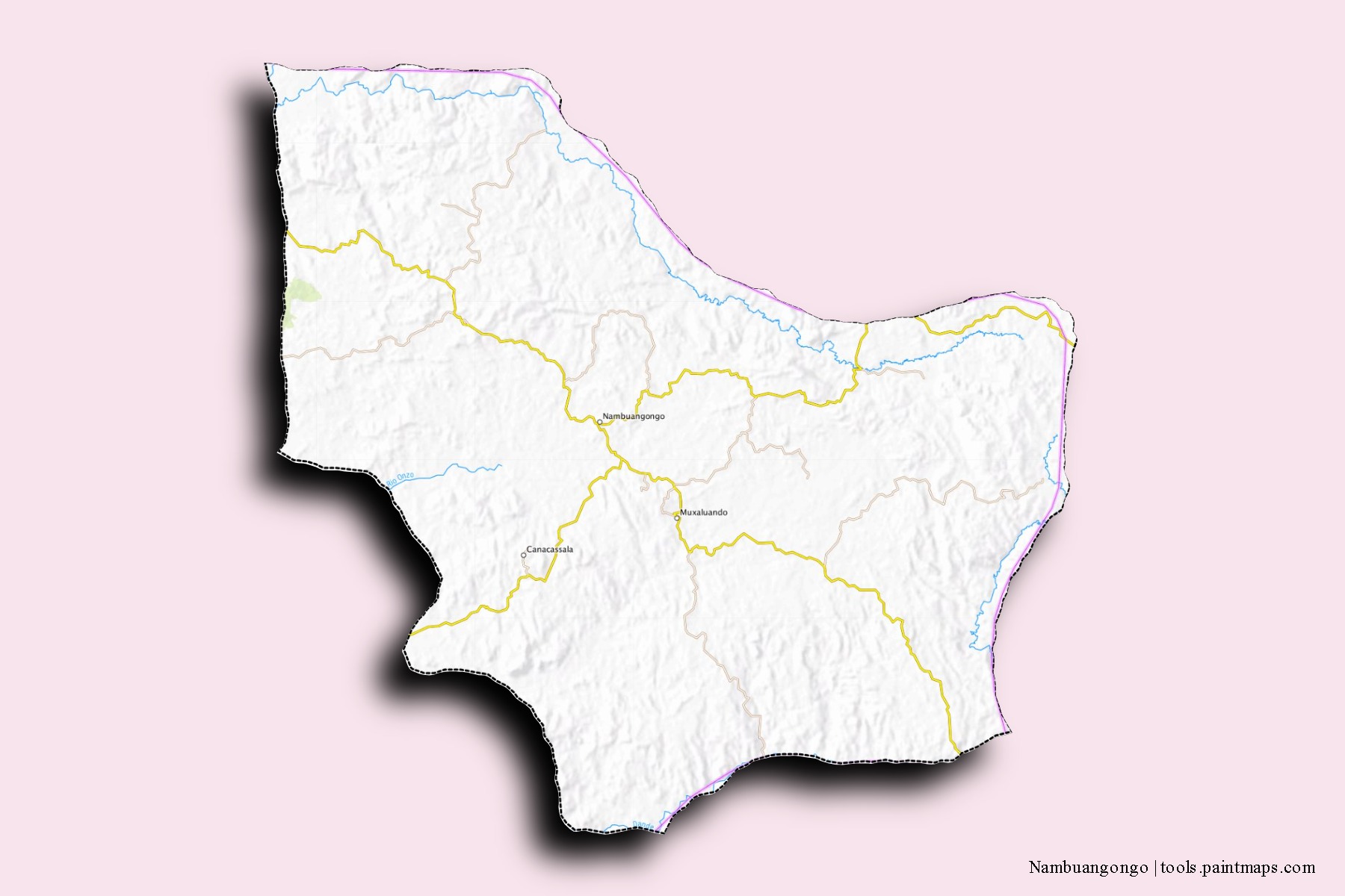 Mapa de barrios y pueblos de Nambuangongo con efecto de sombra 3D