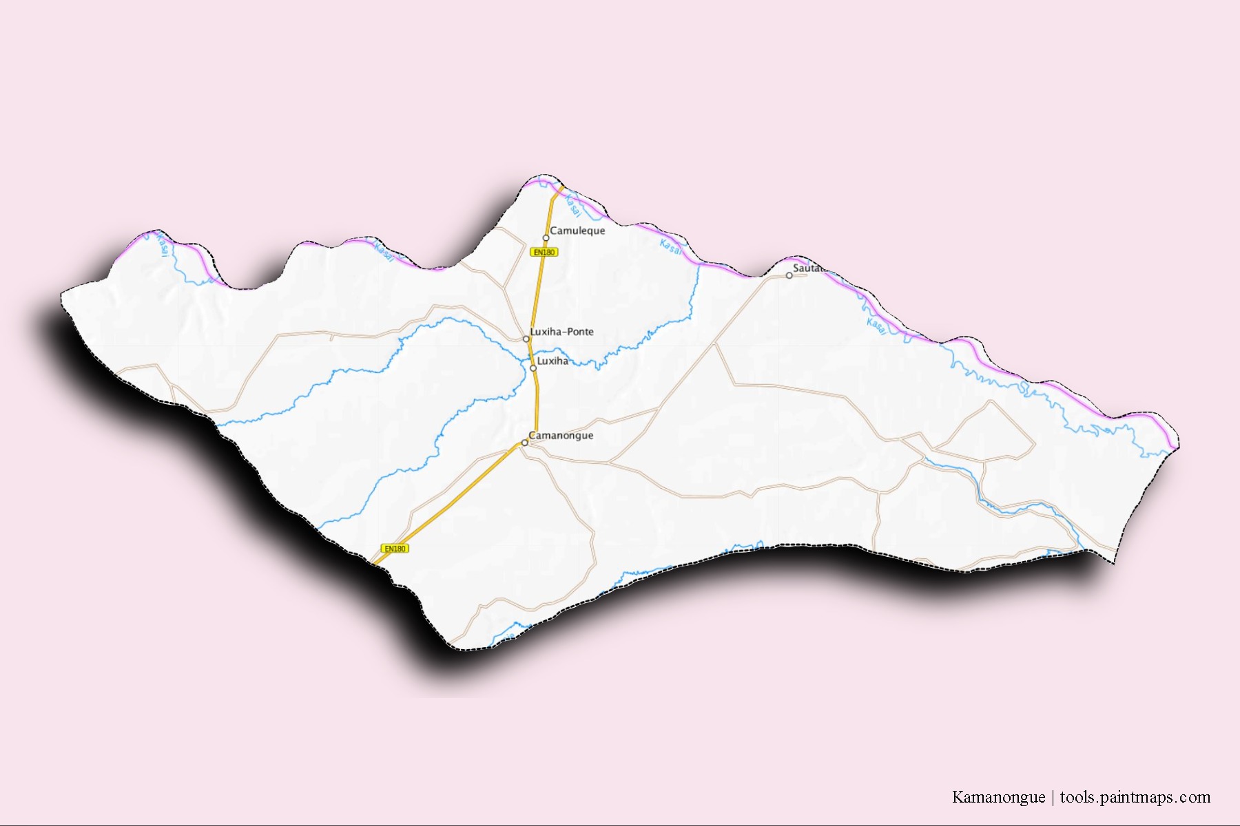 Camanongue neighborhoods and villages map with 3D shadow effect