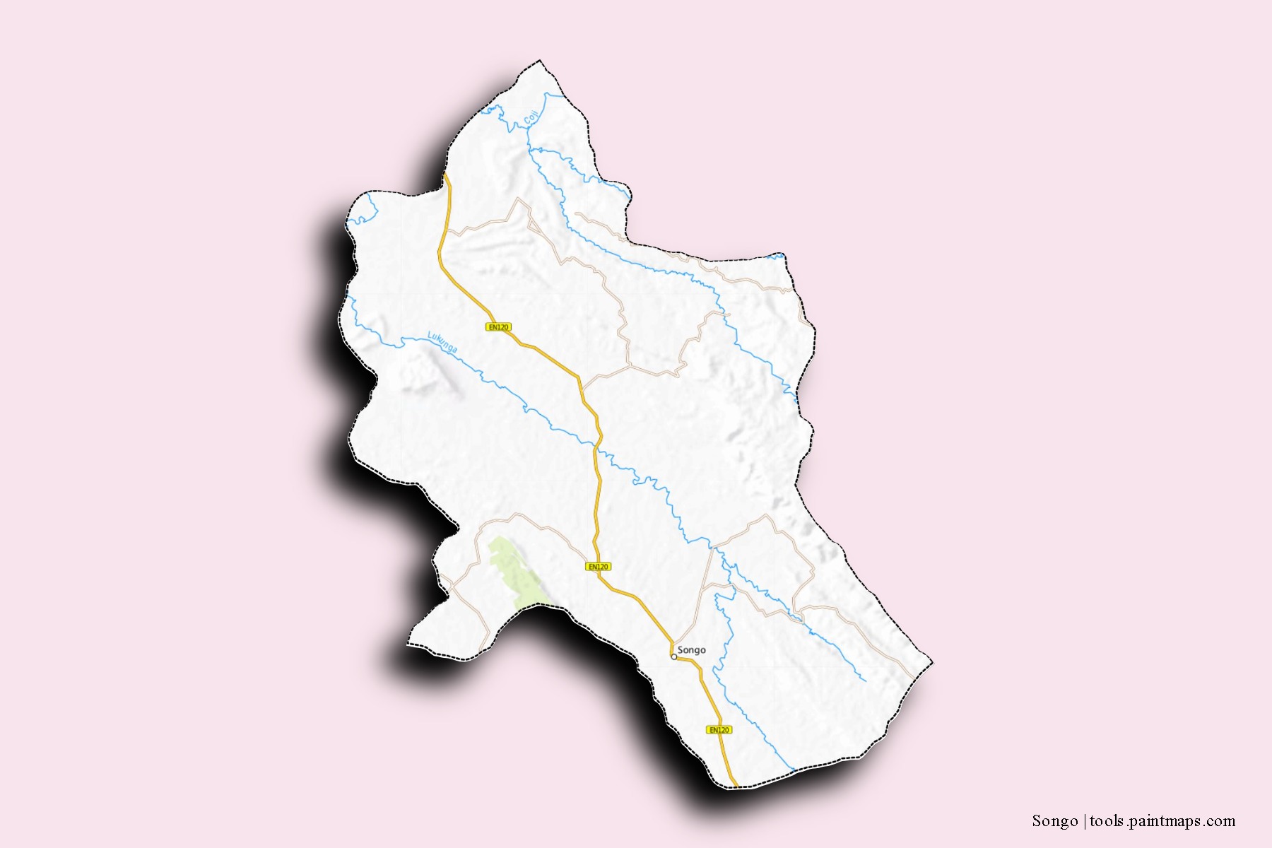 Mapa de barrios y pueblos de Songo con efecto de sombra 3D