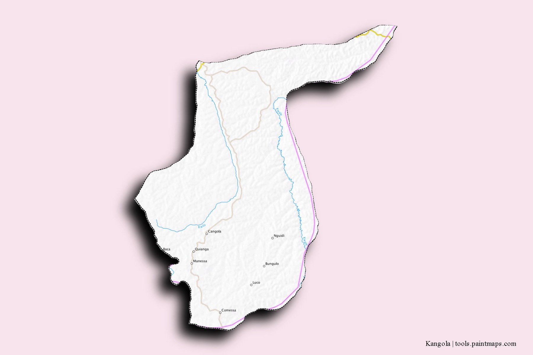 Mapa de barrios y pueblos de Kangola con efecto de sombra 3D