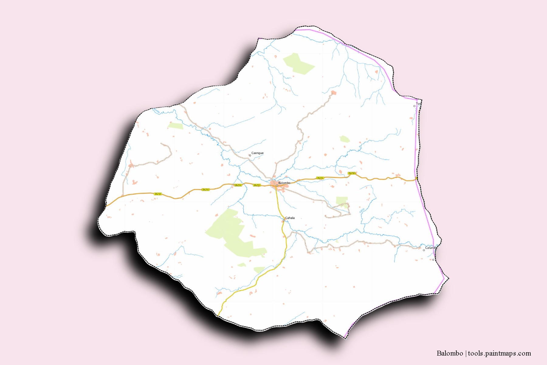 Mapa de barrios y pueblos de Balombo con efecto de sombra 3D