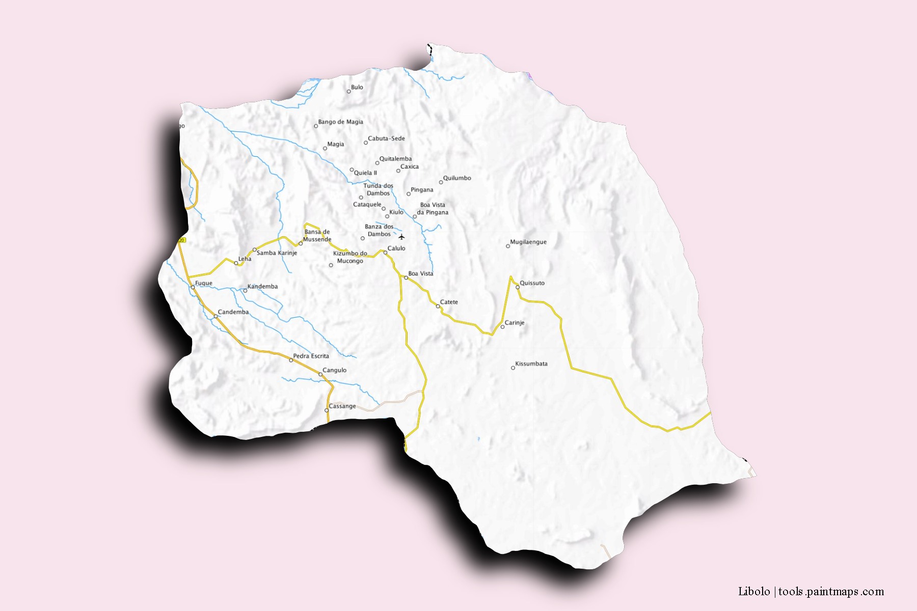 Mapa de barrios y pueblos de Libolo con efecto de sombra 3D