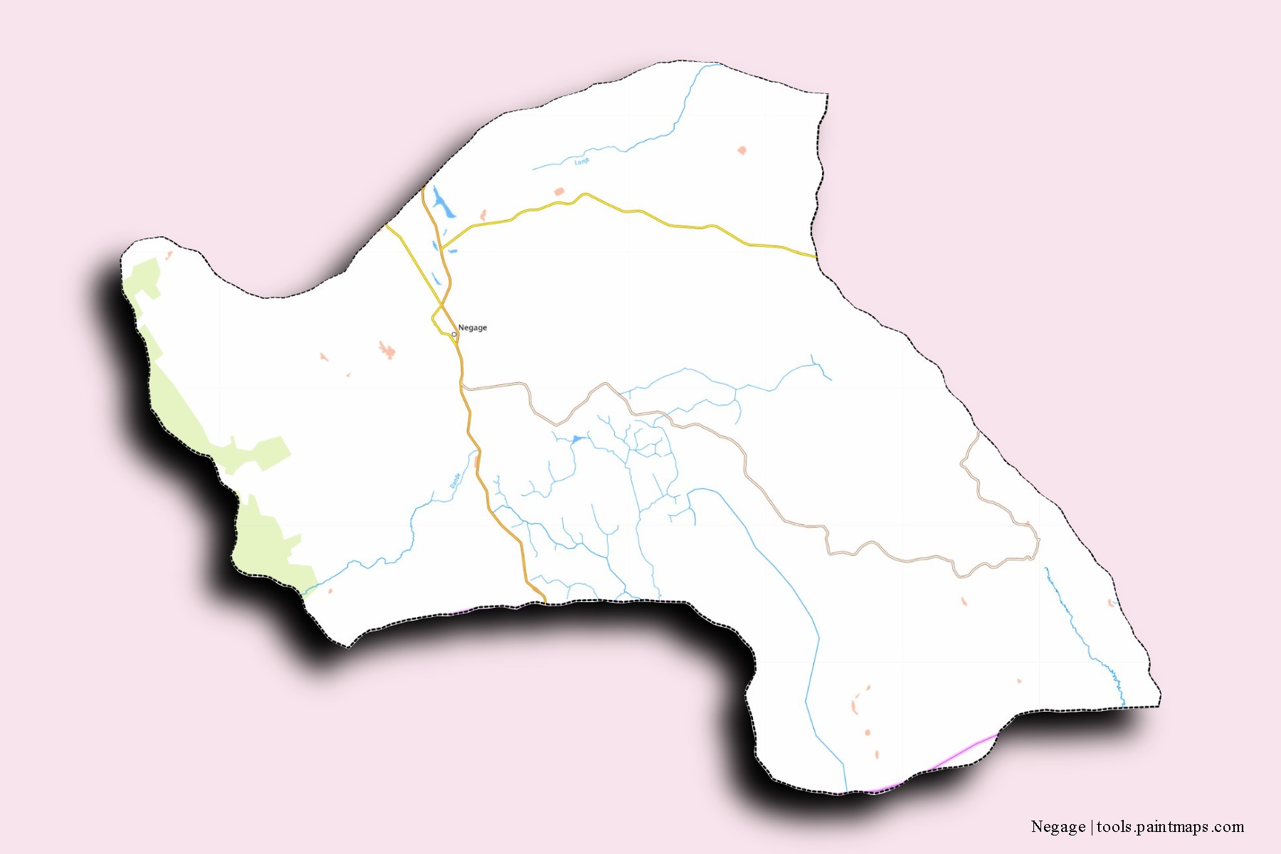 Mapa de barrios y pueblos de Negage con efecto de sombra 3D