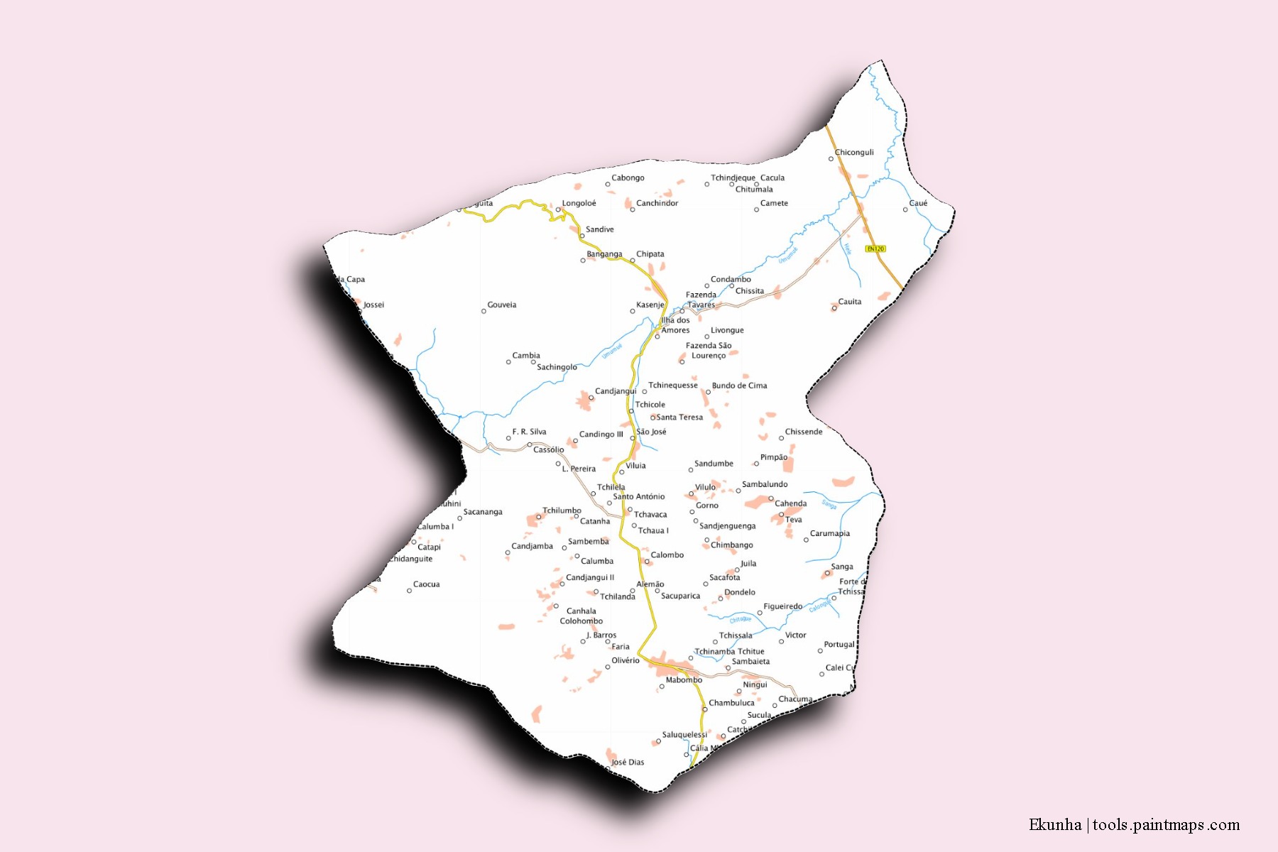 Mapa de barrios y pueblos de Ekunha con efecto de sombra 3D