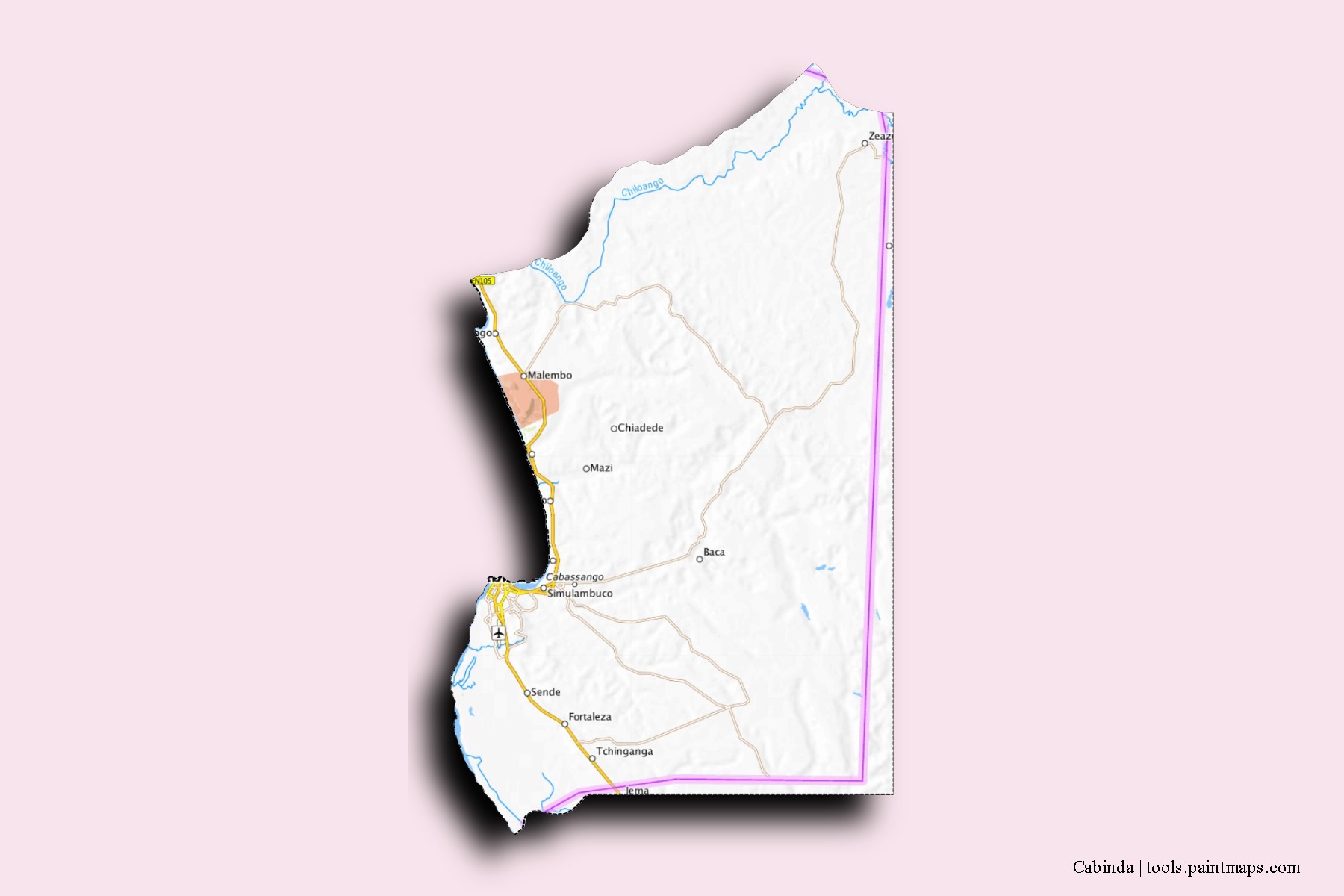 Mapa de barrios y pueblos de Cabinda con efecto de sombra 3D