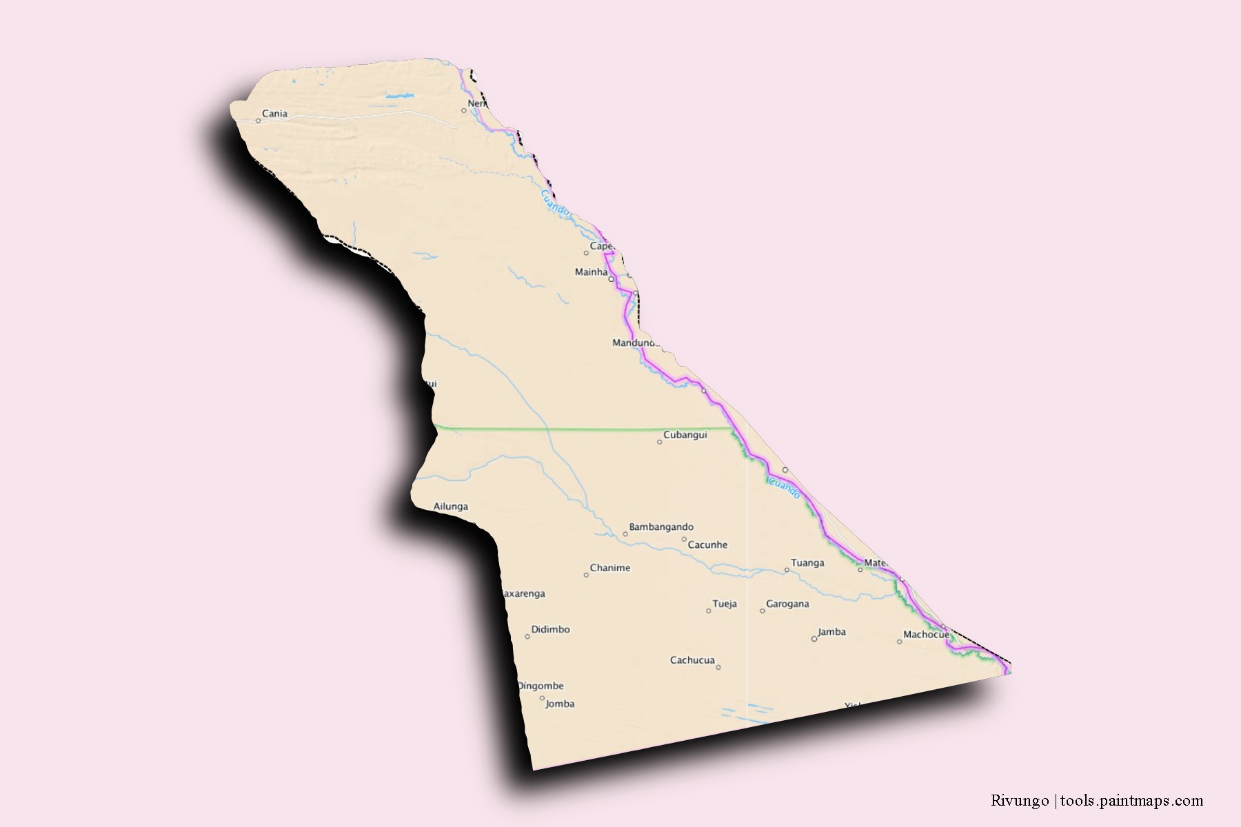 Mapa de barrios y pueblos de Rivungo con efecto de sombra 3D