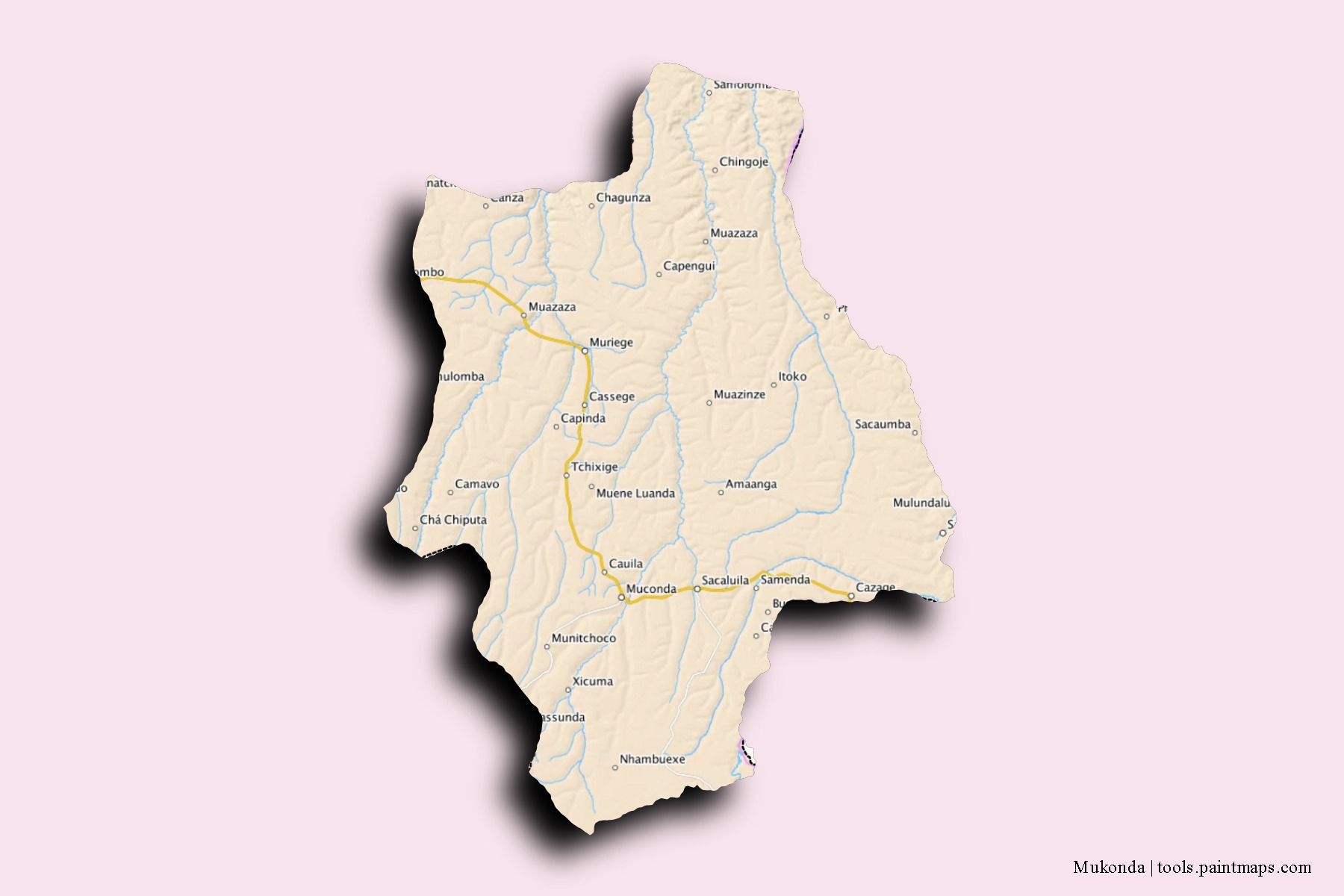 Mapa de barrios y pueblos de Mukonda con efecto de sombra 3D