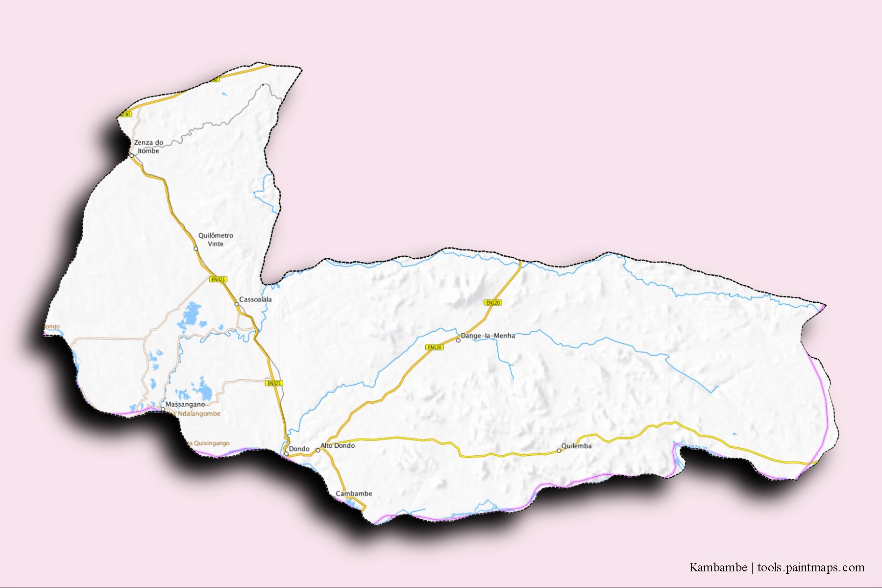 Cambambe neighborhoods and villages map with 3D shadow effect