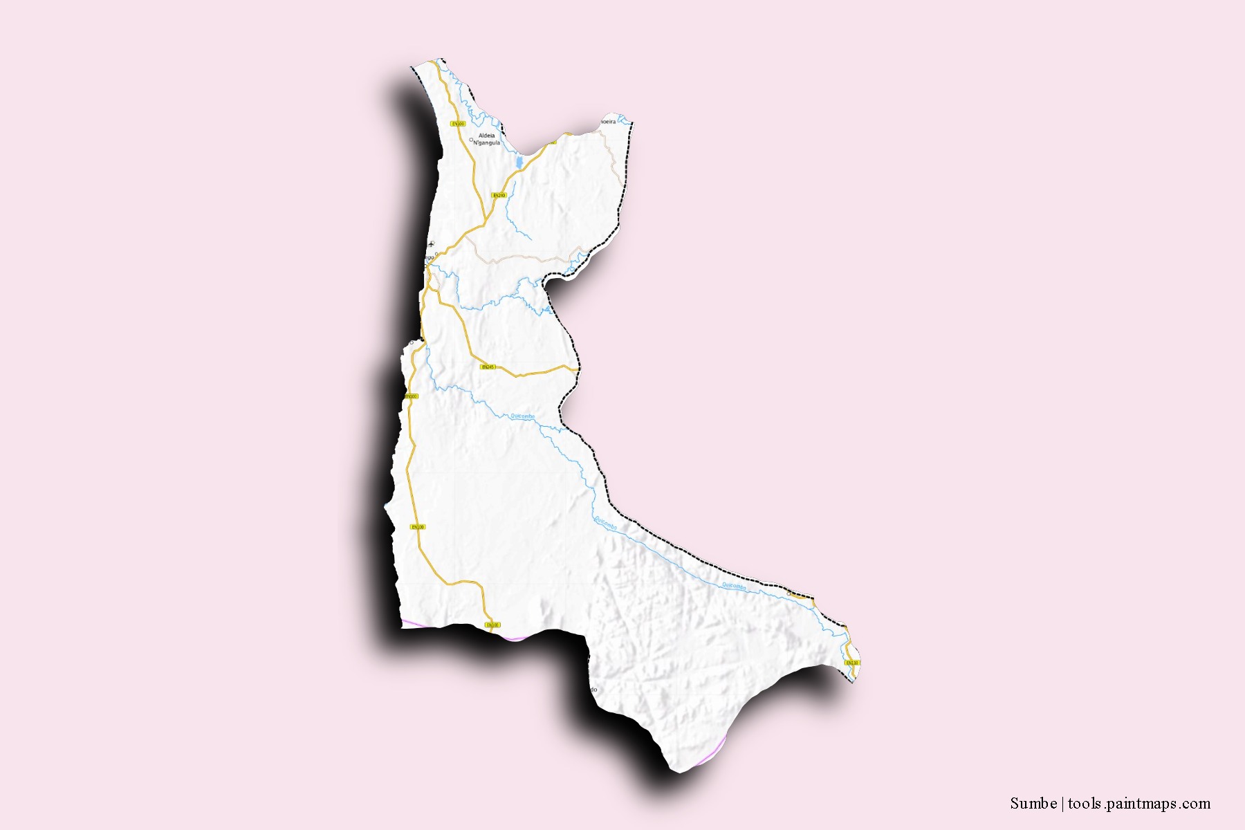 Mapa de barrios y pueblos de Sumbe con efecto de sombra 3D