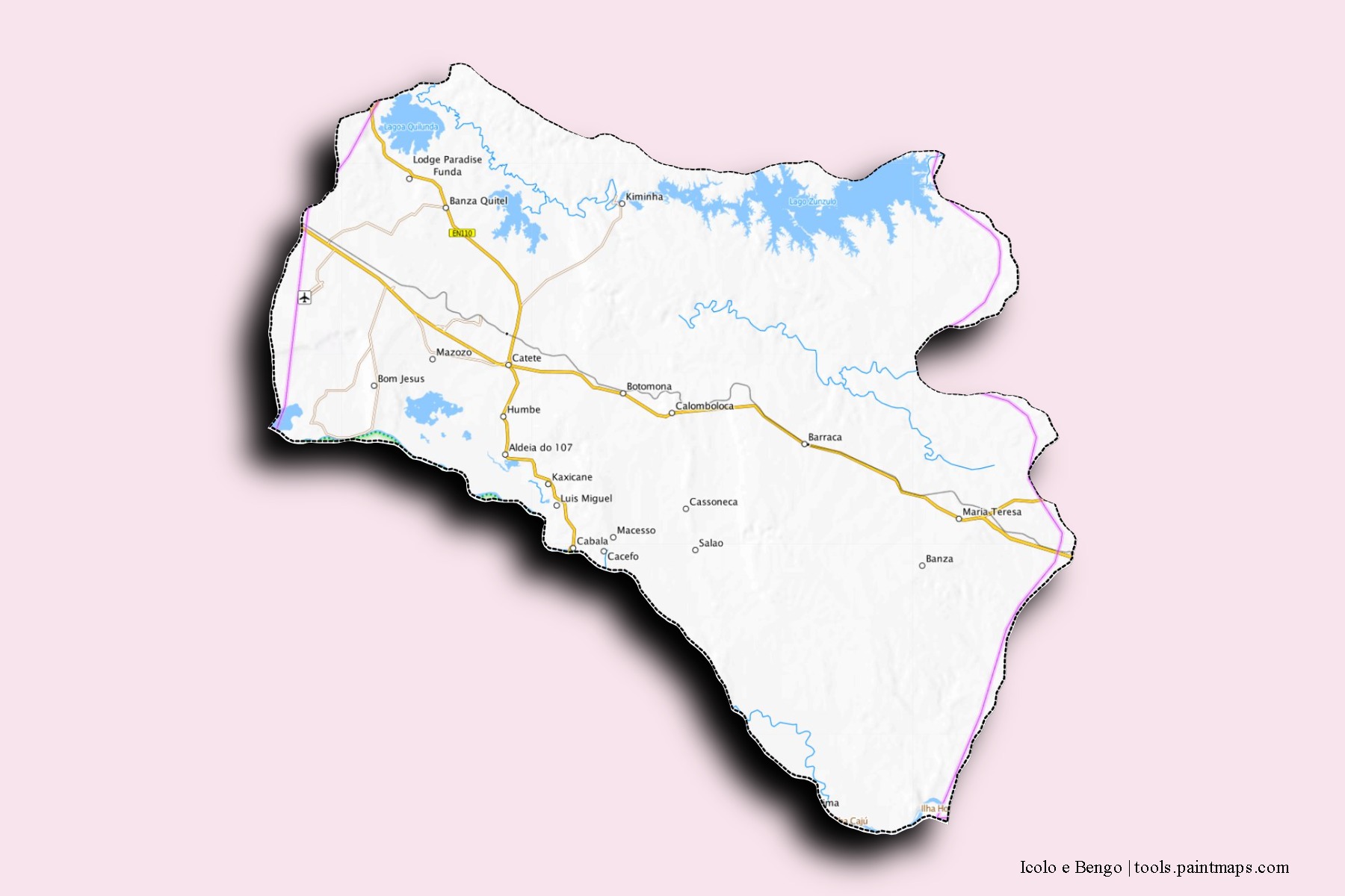 Mapa de barrios y pueblos de Icolo e Bengo con efecto de sombra 3D