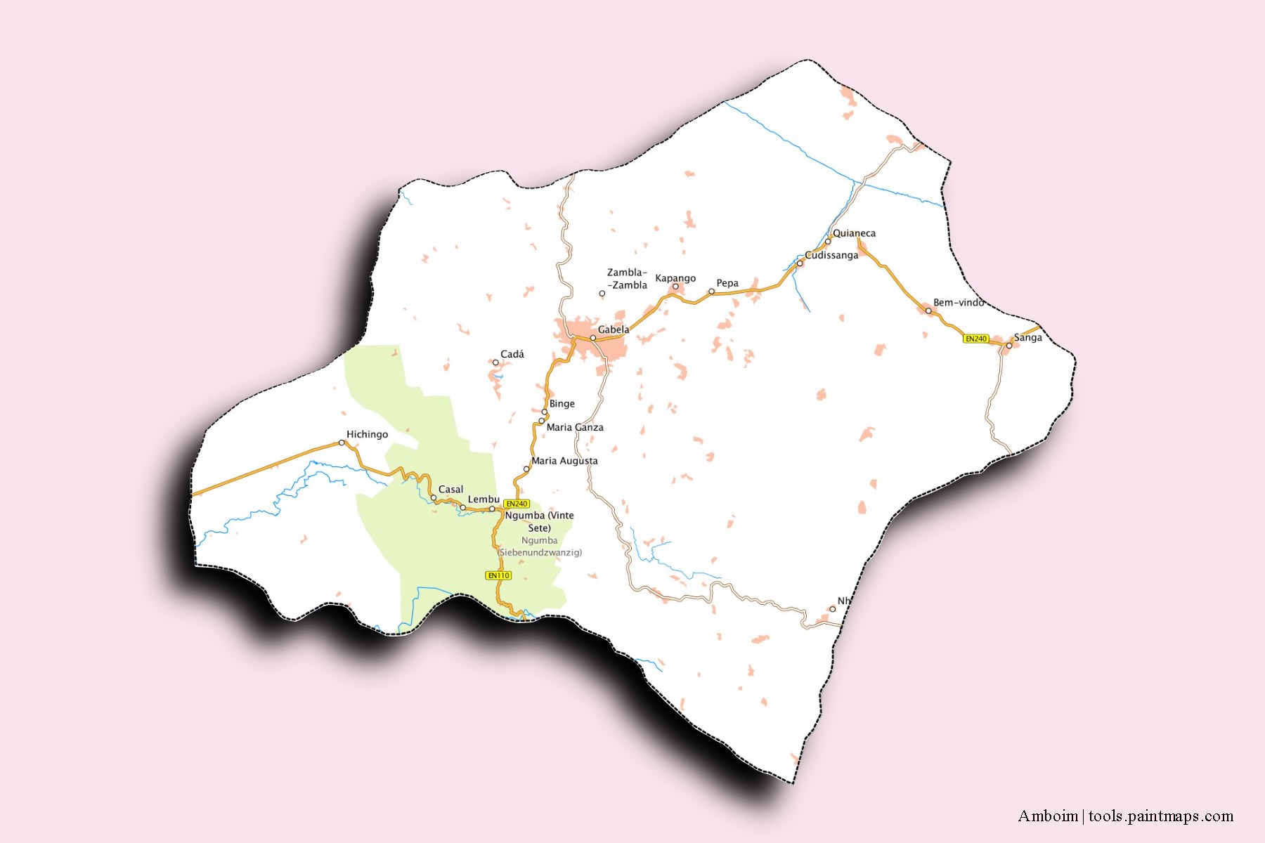 Mapa de barrios y pueblos de Amboim con efecto de sombra 3D