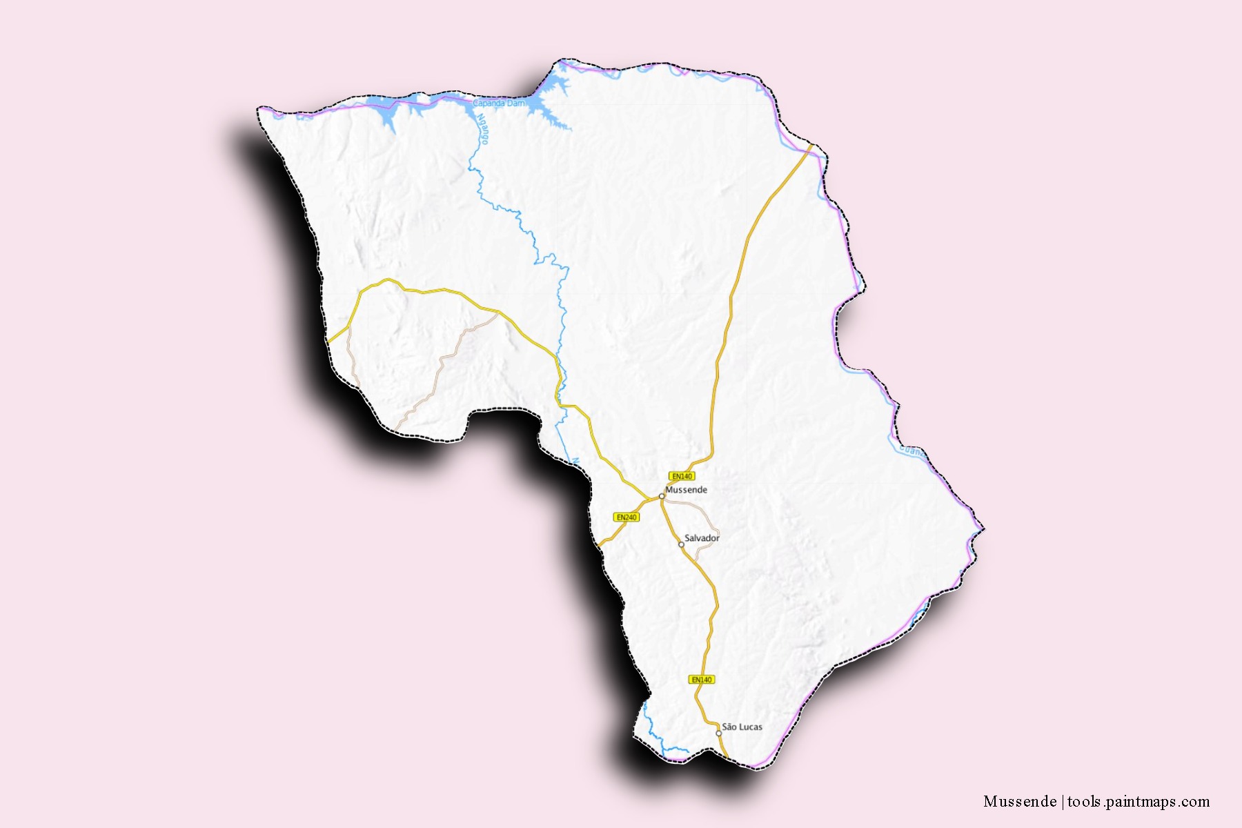 Mapa de barrios y pueblos de Mussende con efecto de sombra 3D