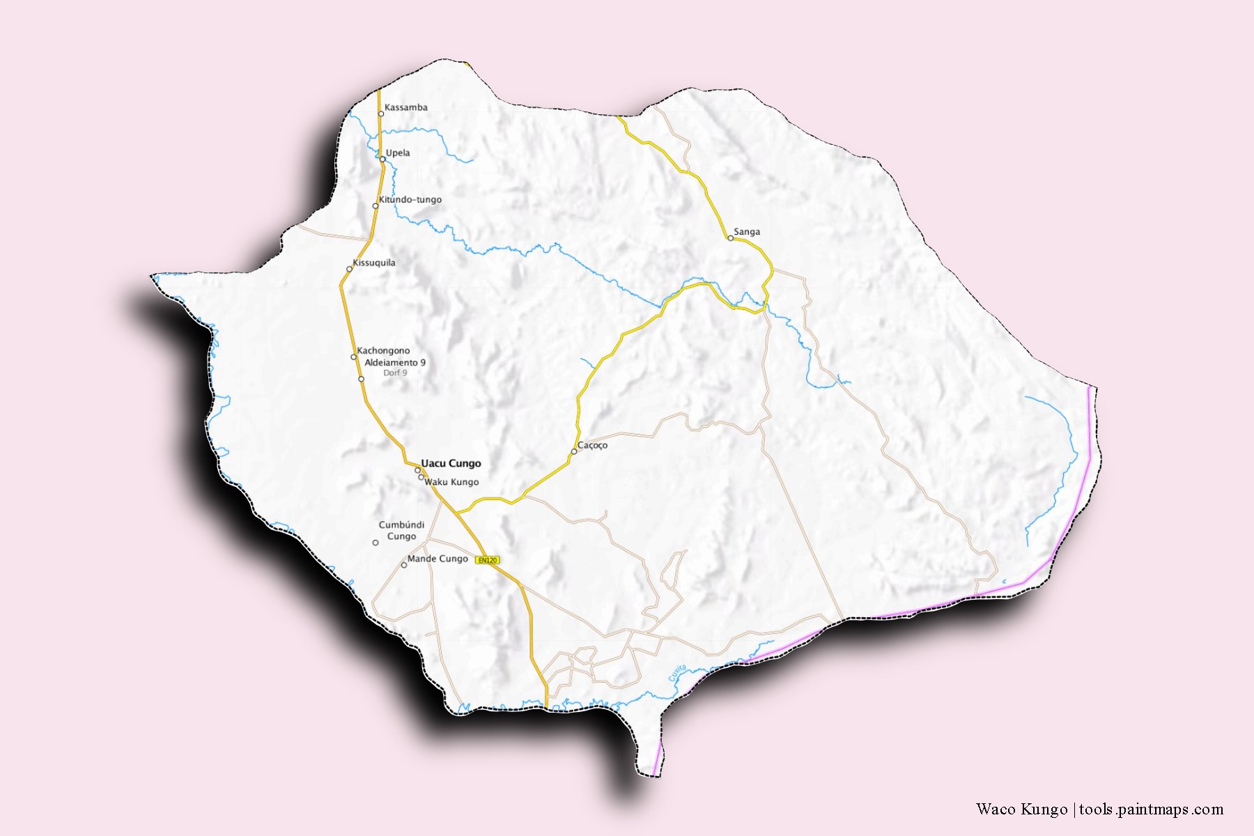 Mapa de barrios y pueblos de Waco Kungo con efecto de sombra 3D