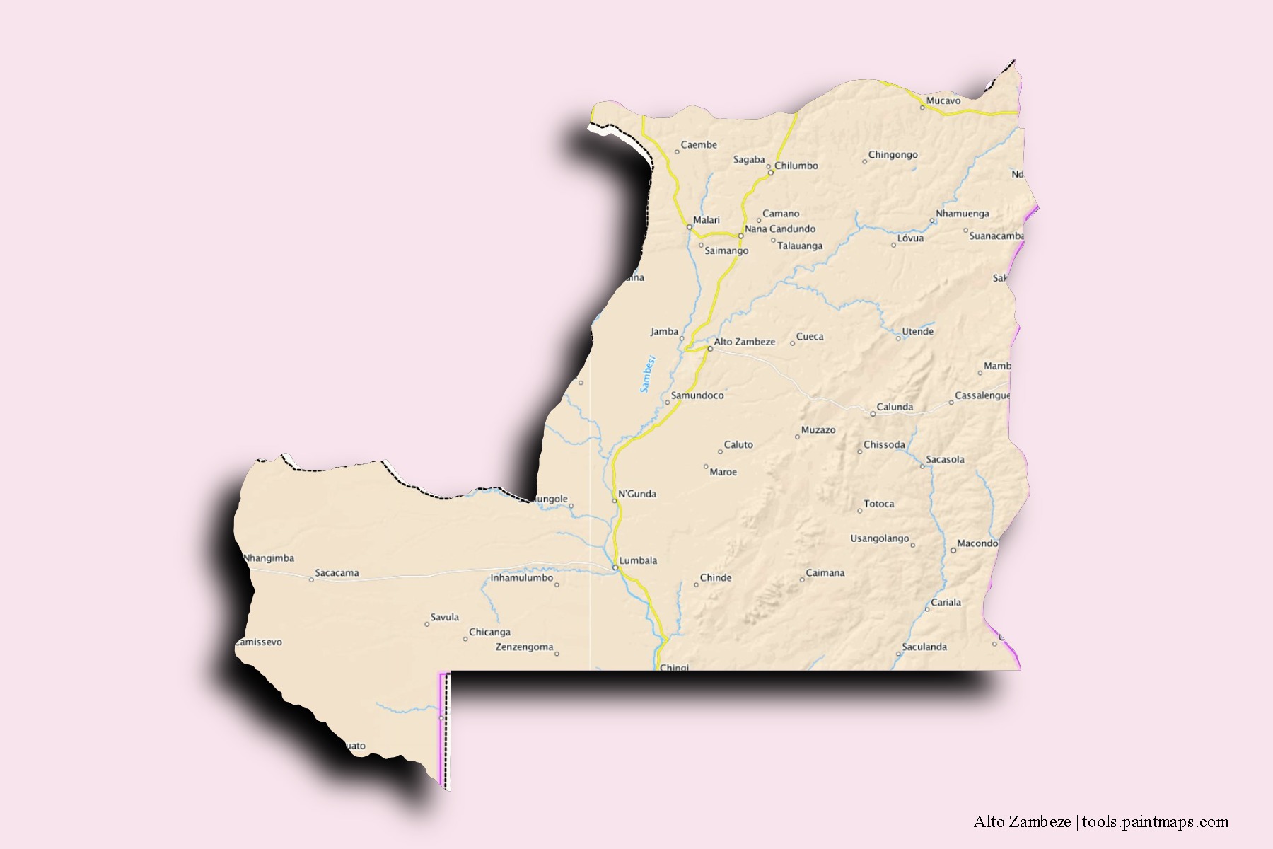 Mapa de barrios y pueblos de Alto Zambeze con efecto de sombra 3D