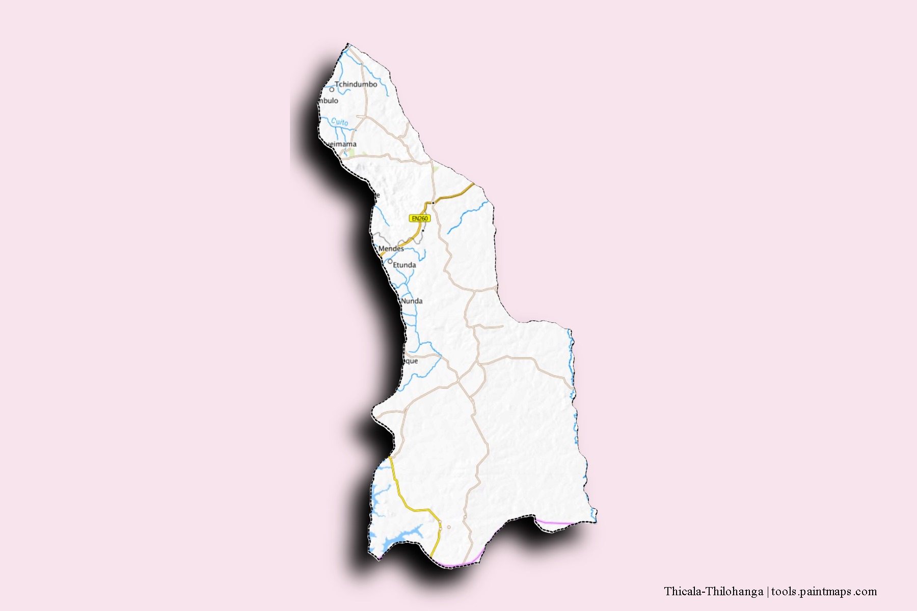 Mapa de barrios y pueblos de Thicala-Thilohanga con efecto de sombra 3D