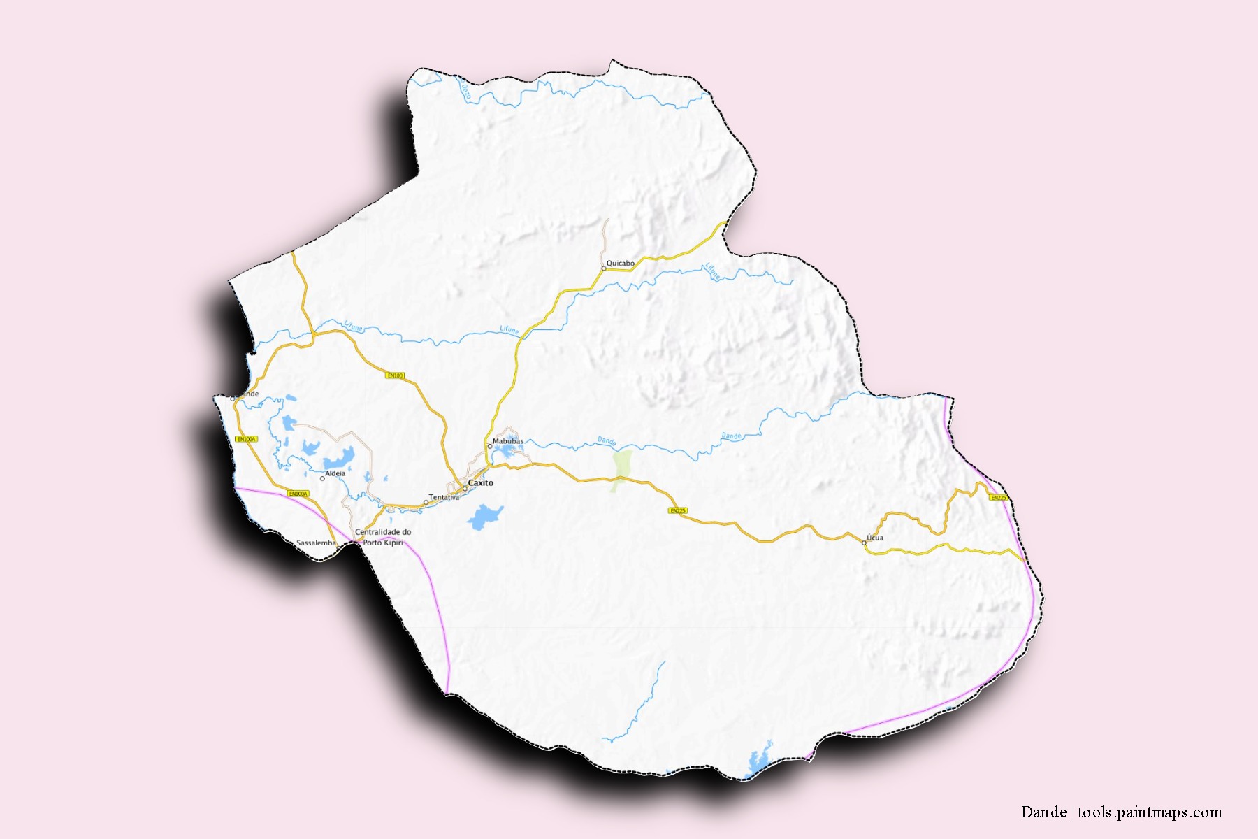 Mapa de barrios y pueblos de Dande con efecto de sombra 3D