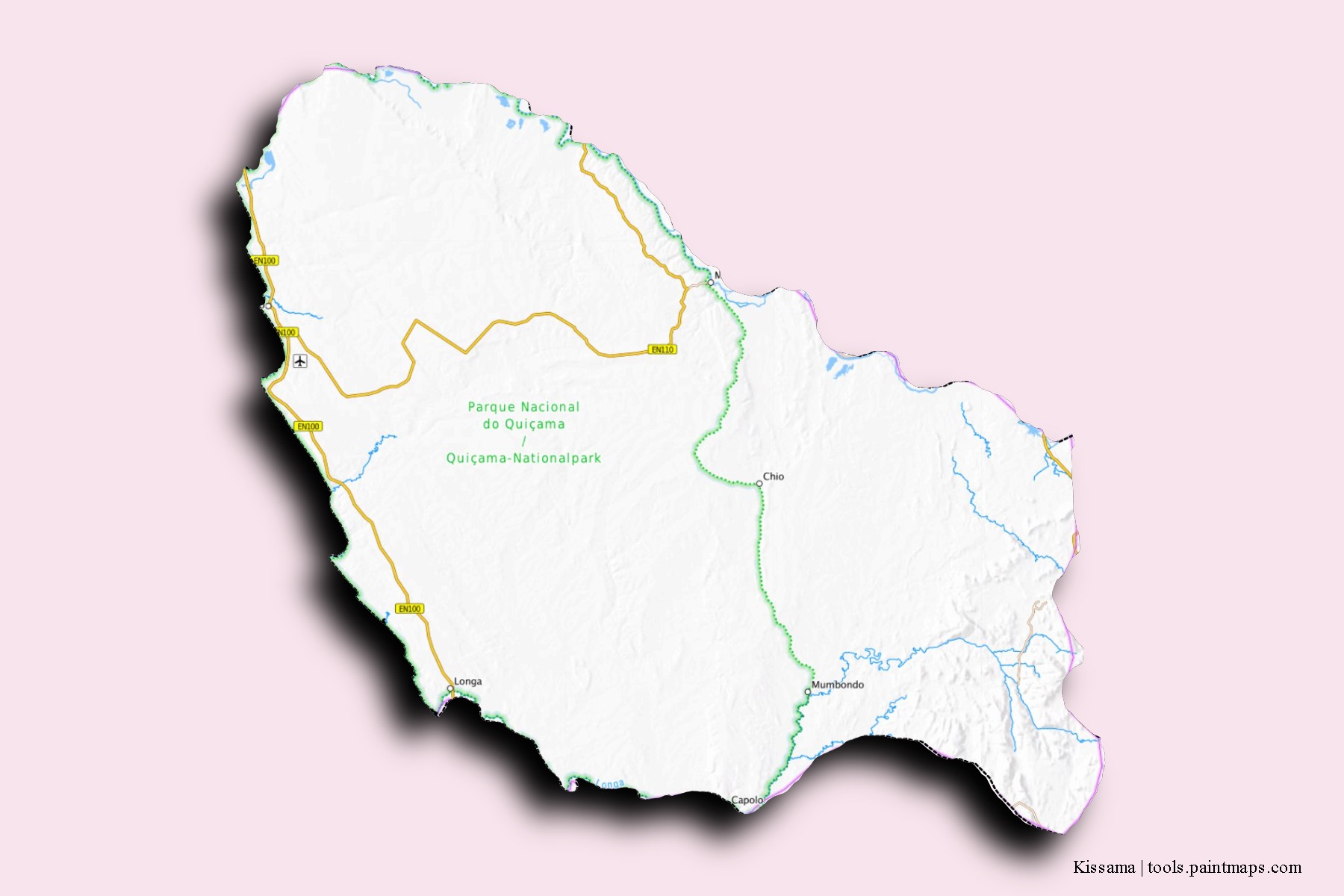 Muxima neighborhoods and villages map with 3D shadow effect