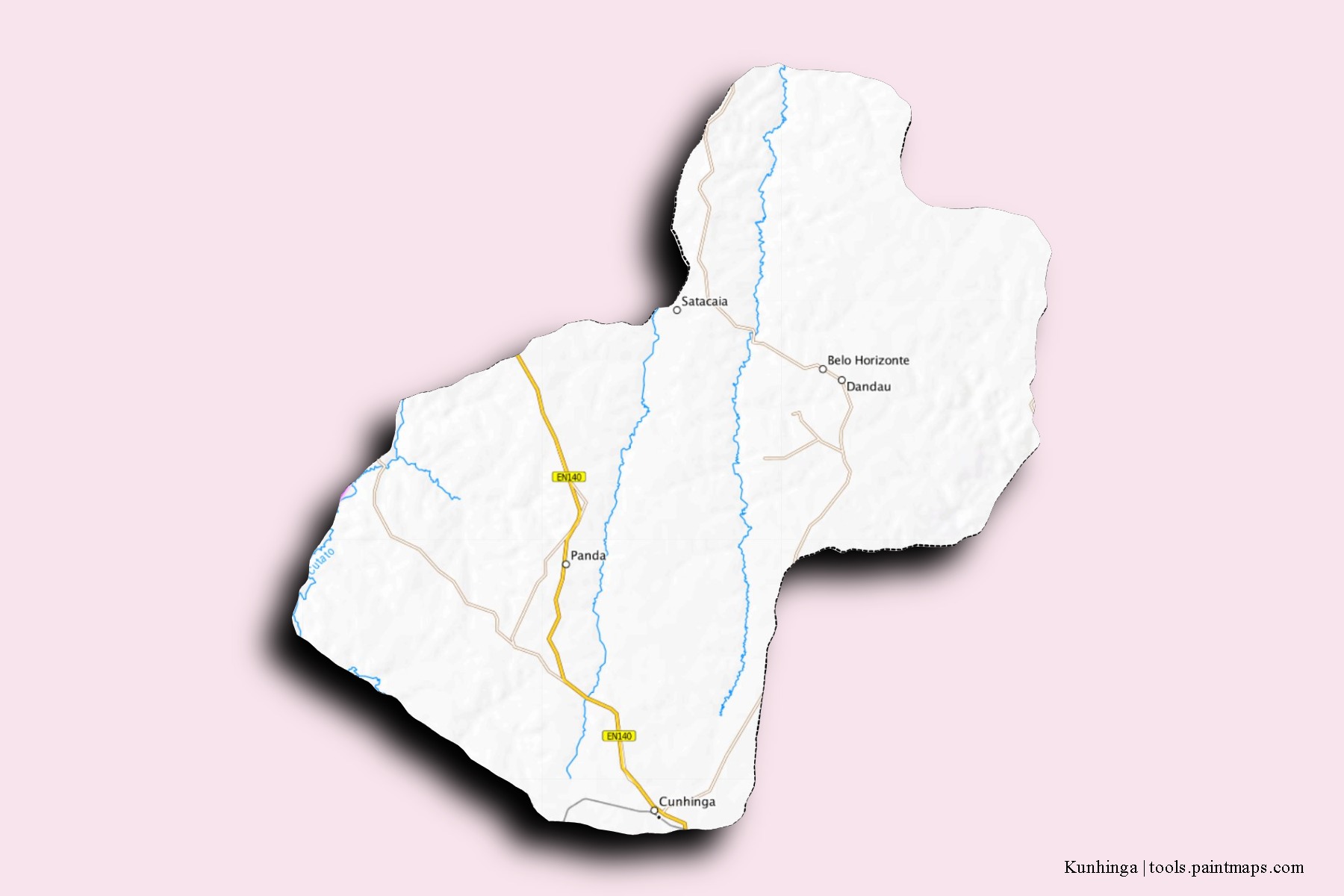 Mapa de barrios y pueblos de Kunhinga con efecto de sombra 3D