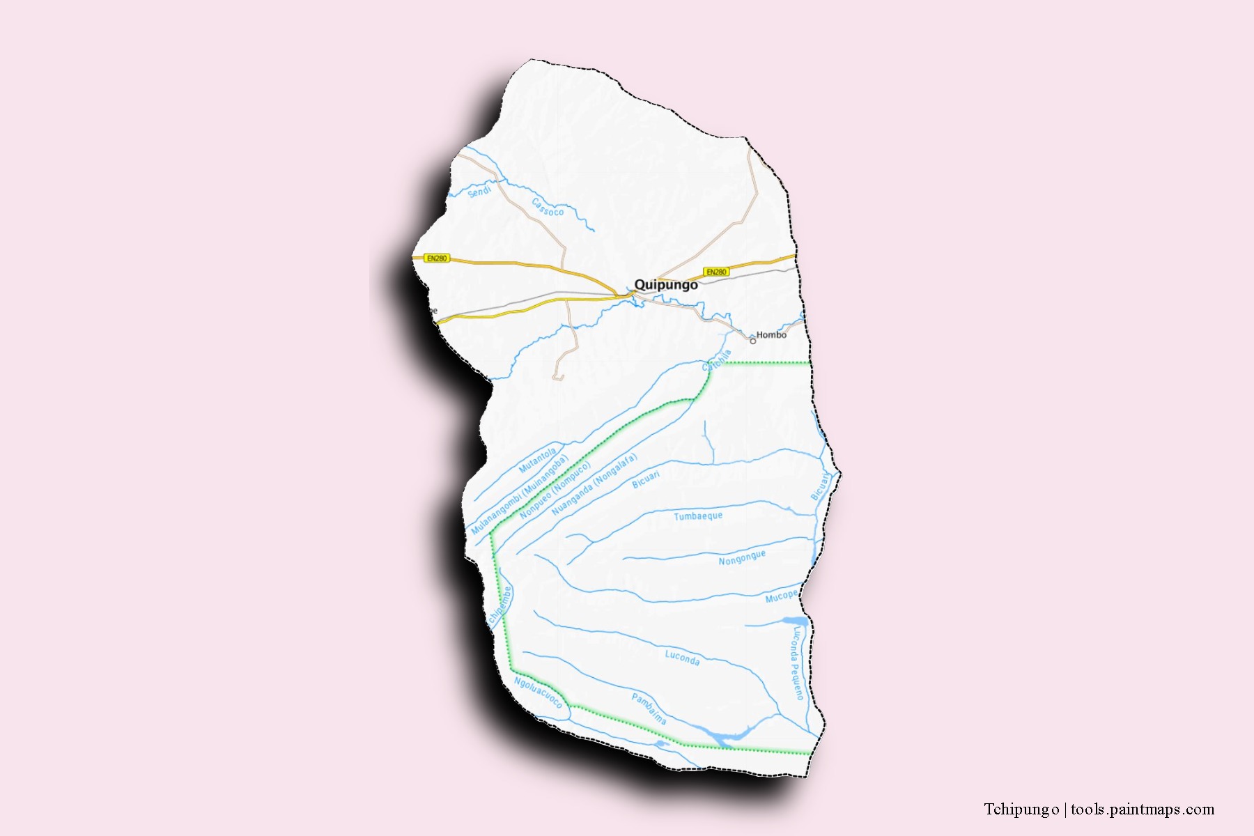 Mapa de barrios y pueblos de Tchipungo con efecto de sombra 3D