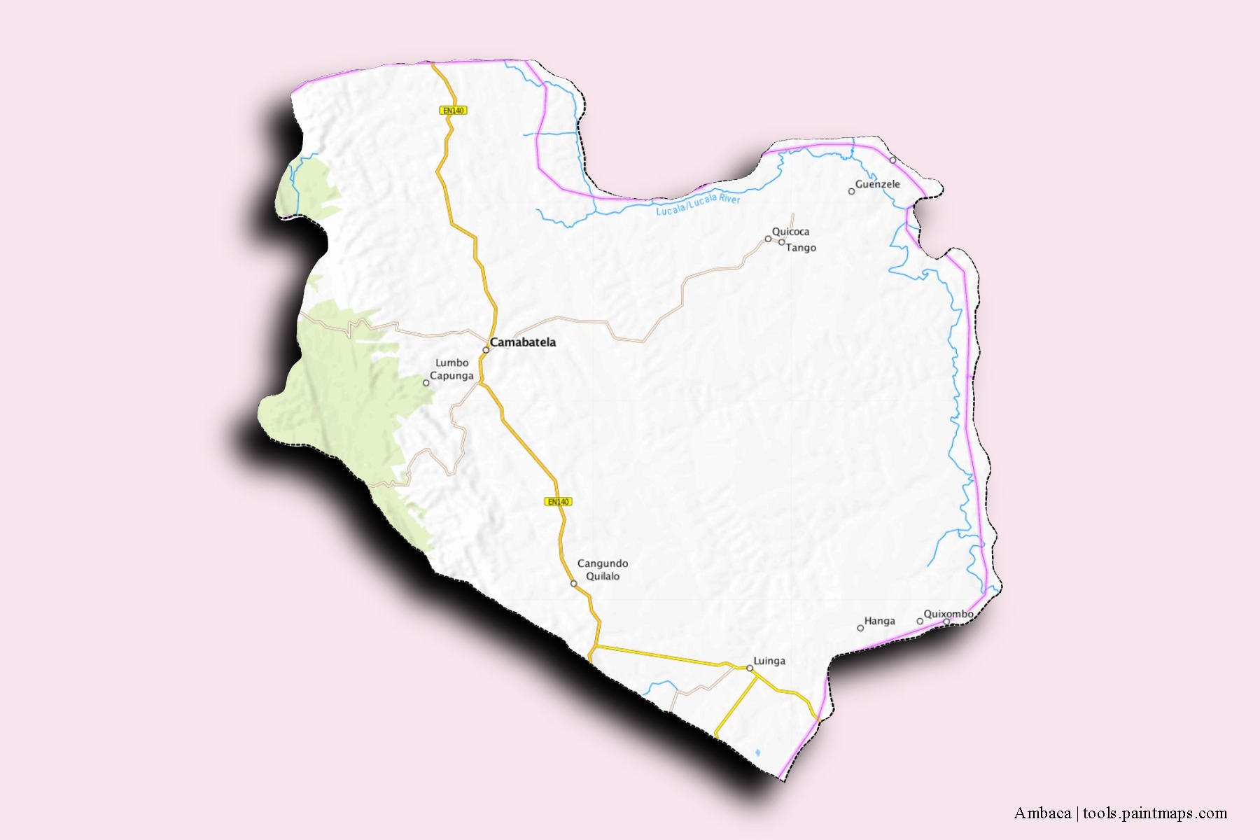 Mapa de barrios y pueblos de Ambaca con efecto de sombra 3D